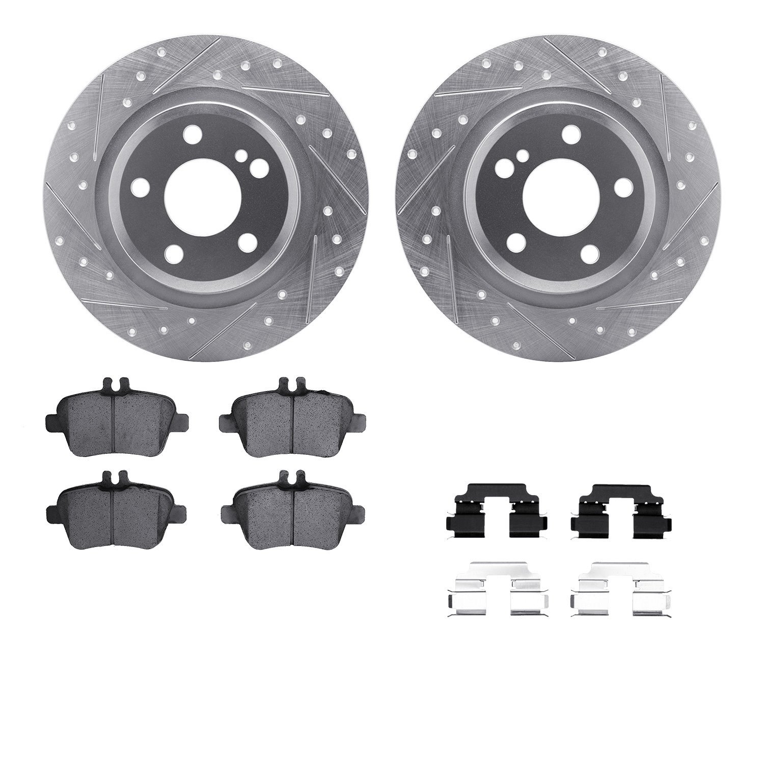 7612-63070 Drilled/Slotted Brake Rotors w/5000 Euro Ceramic Brake Pads Kit & Hardware [Silver], 2012-2020 Mercedes-Benz, Positio