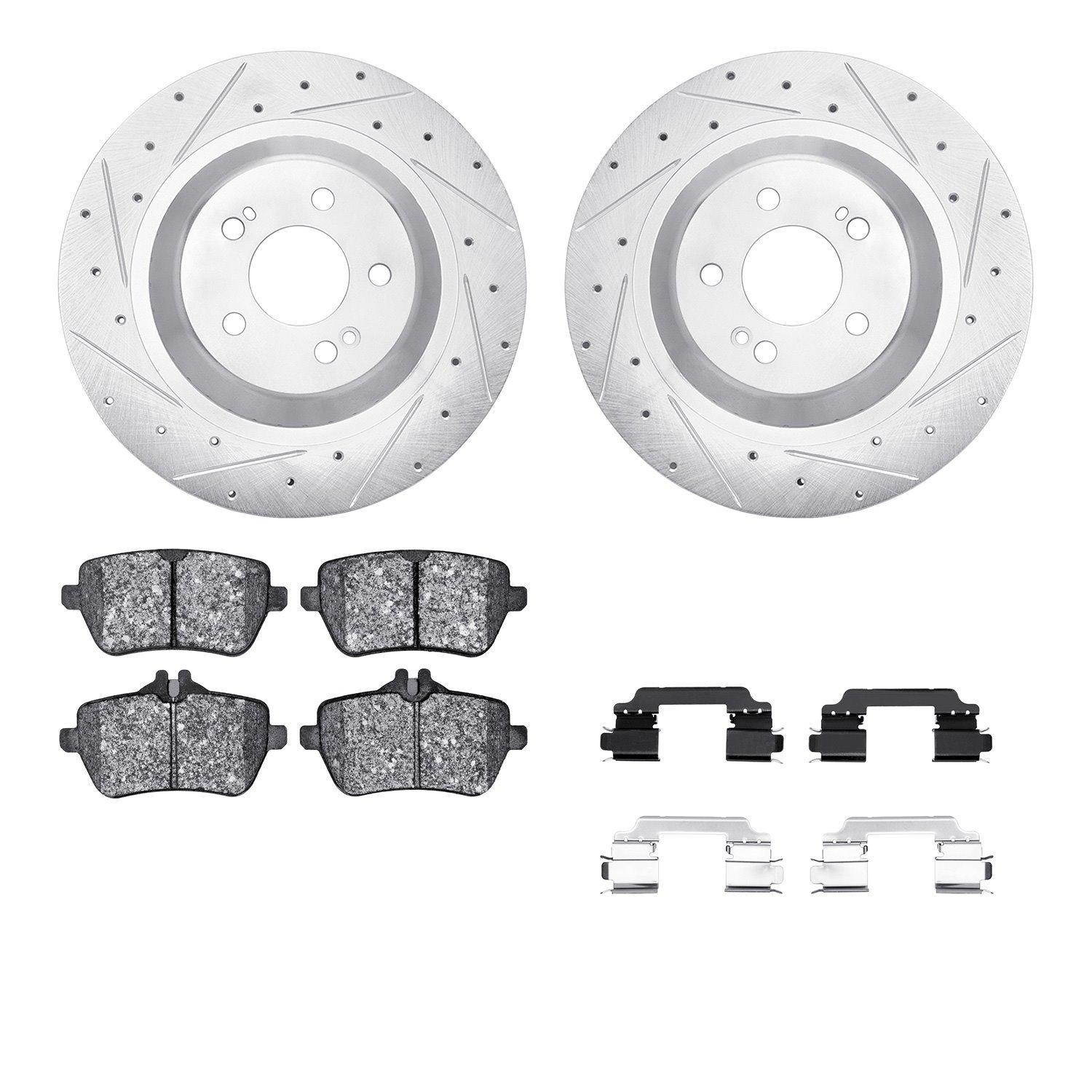 7612-63074 Drilled/Slotted Brake Rotors w/5000 Euro Ceramic Brake Pads Kit & Hardware [Silver], 2014-2021 Mercedes-Benz, Positio