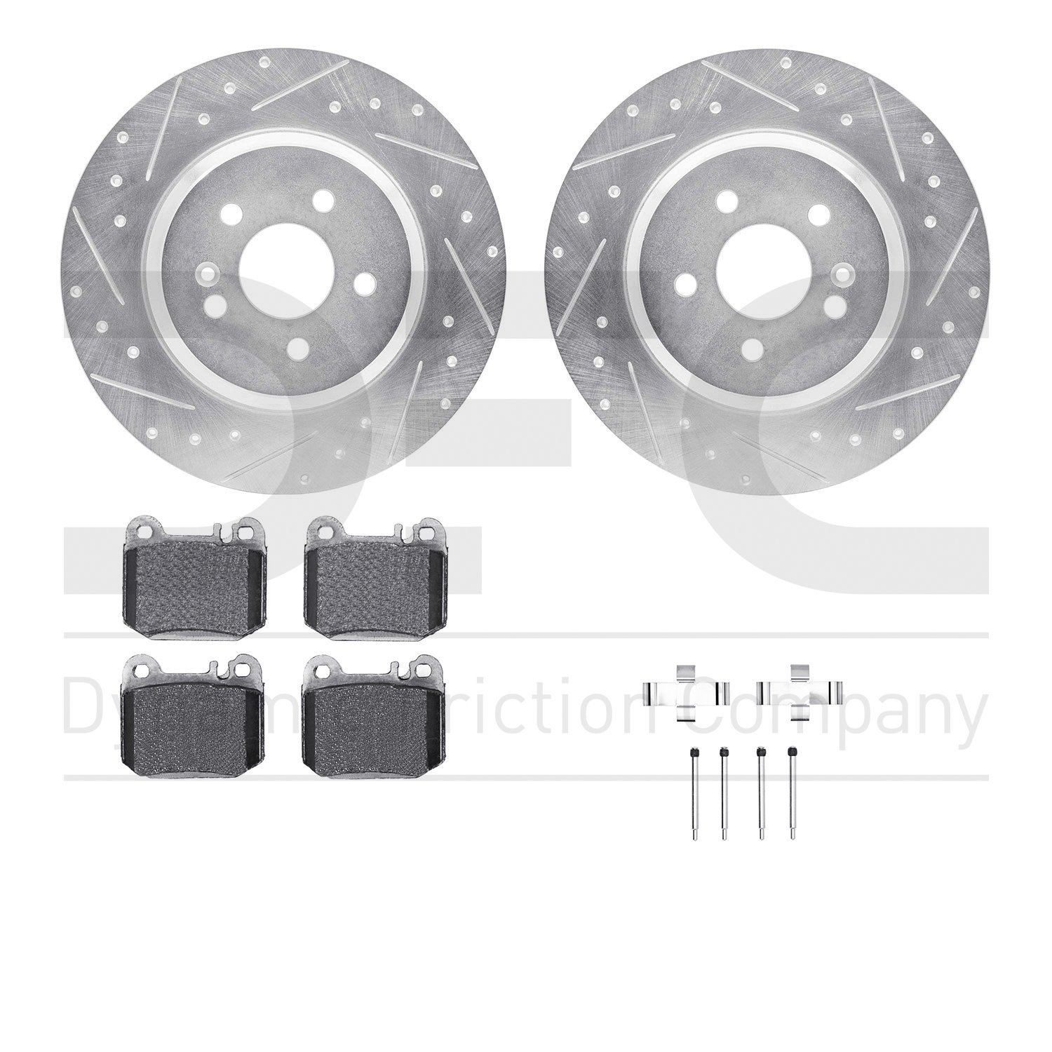 7612-63079 Drilled/Slotted Brake Rotors w/5000 Euro Ceramic Brake Pads Kit & Hardware [Silver], 2000-2005 Mercedes-Benz, Positio