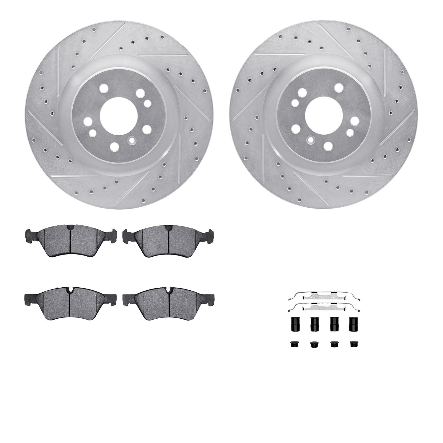 7612-63082 Drilled/Slotted Brake Rotors w/5000 Euro Ceramic Brake Pads Kit & Hardware [Silver], 2006-2012 Mercedes-Benz, Positio