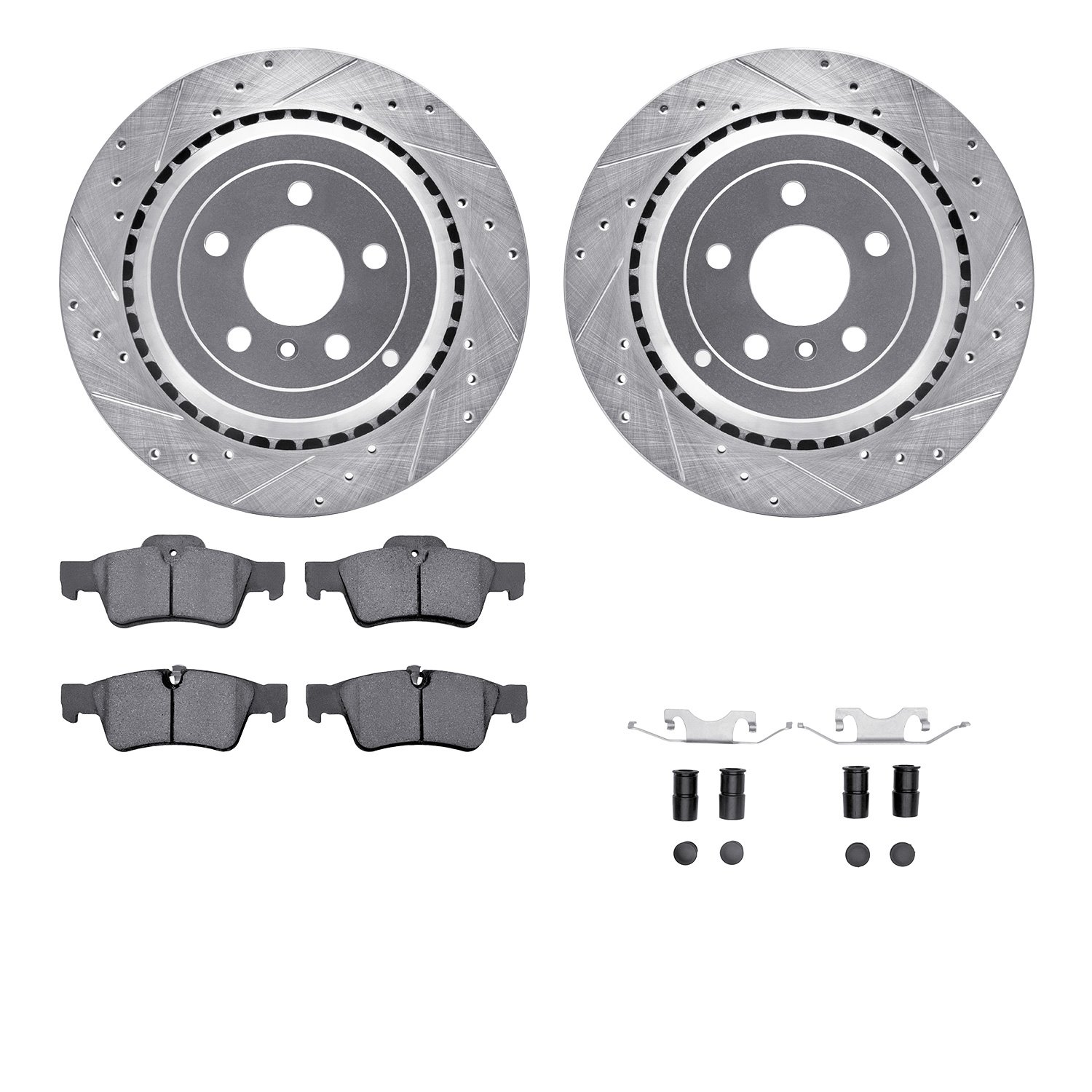 7612-63083 Drilled/Slotted Brake Rotors w/5000 Euro Ceramic Brake Pads Kit & Hardware [Silver], 2006-2012 Mercedes-Benz, Positio