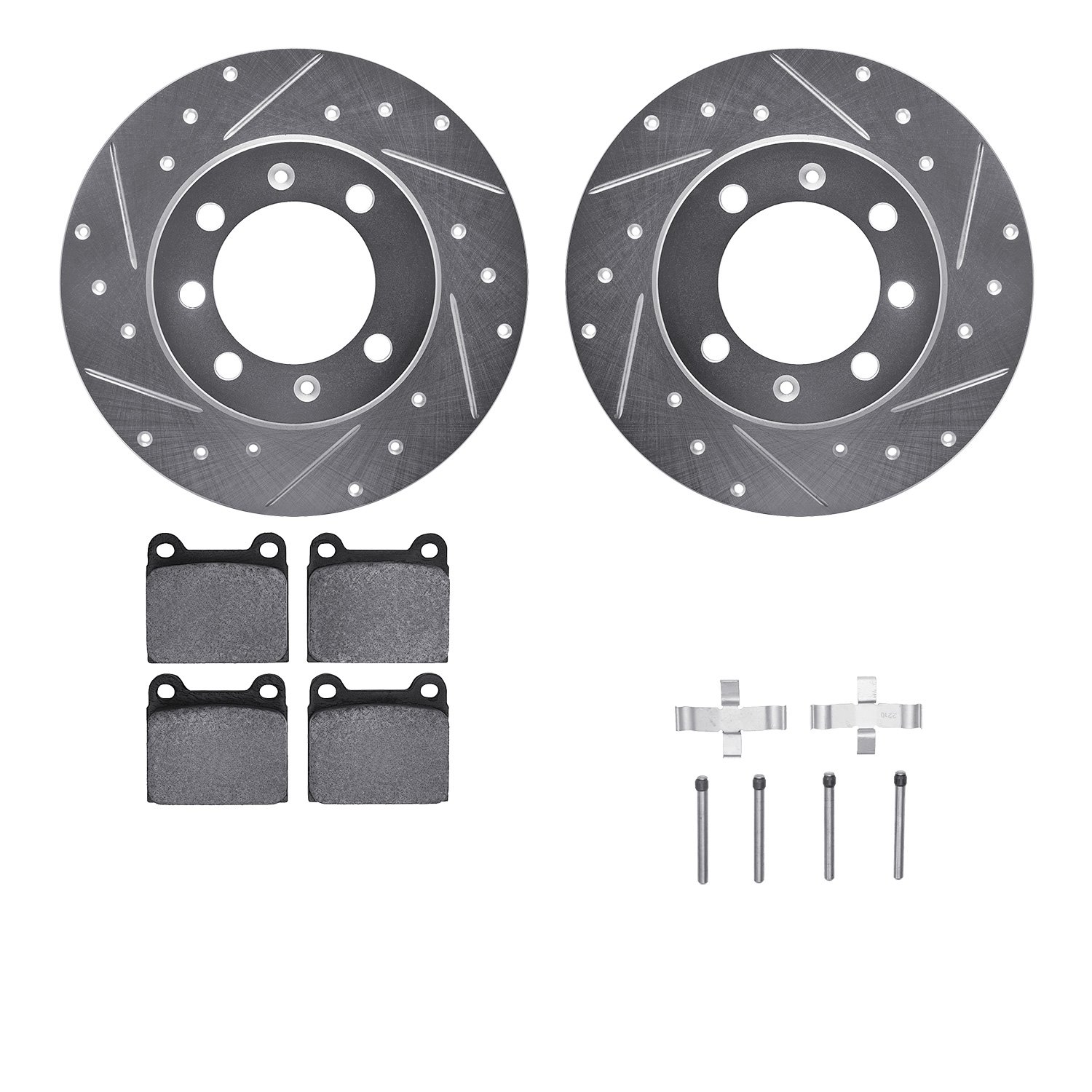 7612-65001 Drilled/Slotted Brake Rotors w/5000 Euro Ceramic Brake Pads Kit & Hardware [Silver], 1969-1973 GM, Position: Front