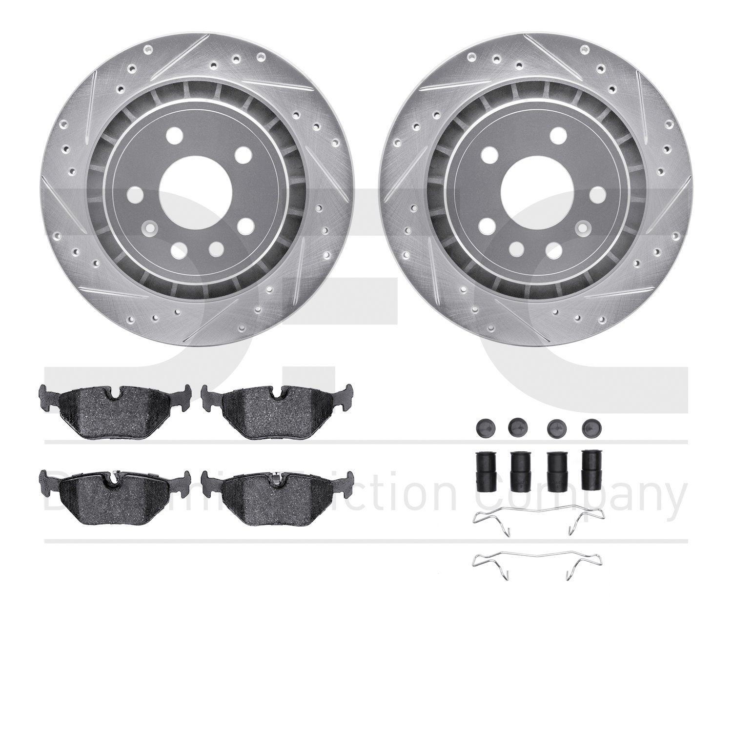 7612-65008 Drilled/Slotted Brake Rotors w/5000 Euro Ceramic Brake Pads Kit & Hardware [Silver], 2002-2010 GM, Position: Rear