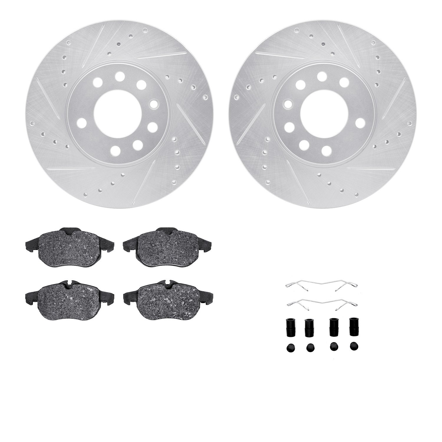 7612-65010 Drilled/Slotted Brake Rotors w/5000 Euro Ceramic Brake Pads Kit & Hardware [Silver], 2006-2011 GM, Position: Front