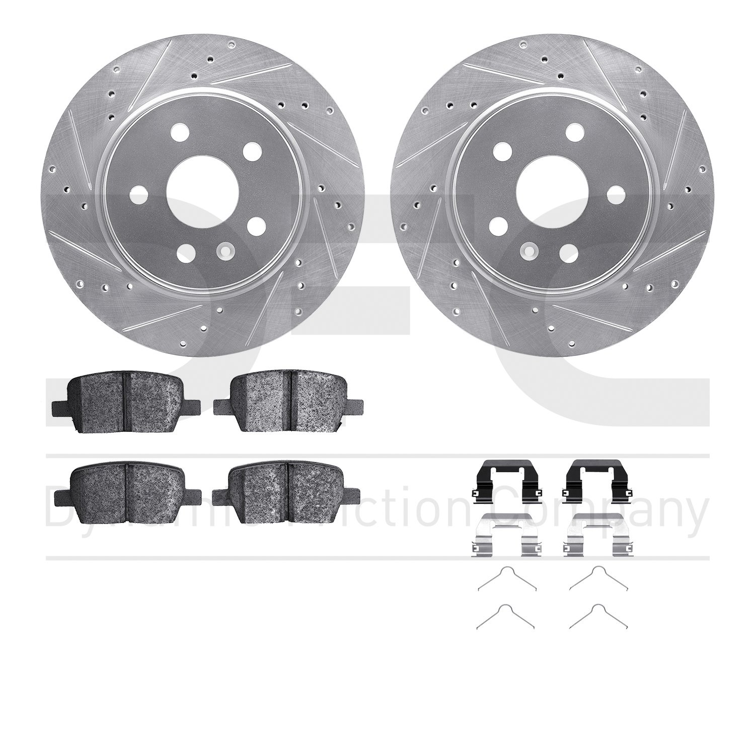 7612-65018 Drilled/Slotted Brake Rotors w/5000 Euro Ceramic Brake Pads Kit & Hardware [Silver], Fits Select GM, Position: Rear