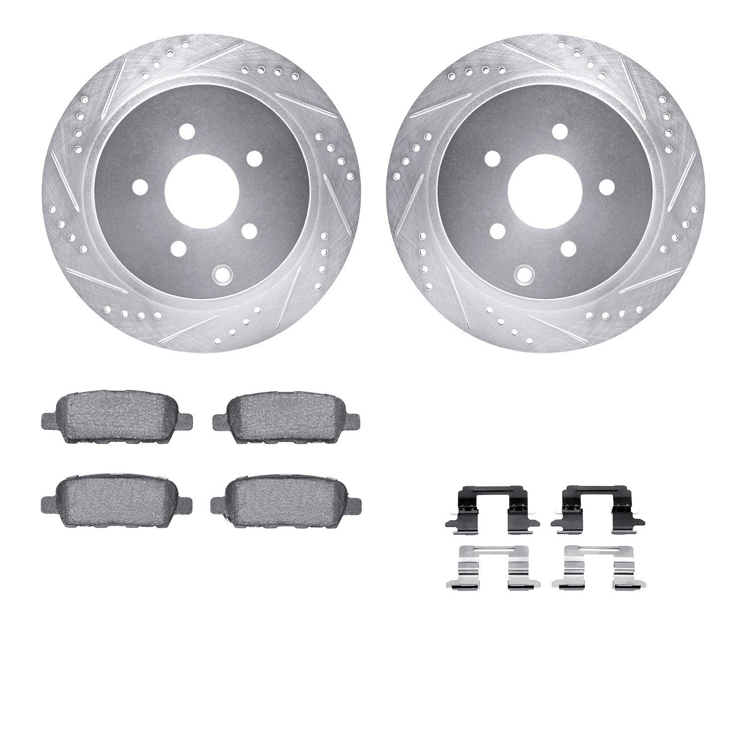 7612-67011 Drilled/Slotted Brake Rotors w/5000 Euro Ceramic Brake Pads Kit & Hardware [Silver], Fits Select Infiniti/Nissan, Pos