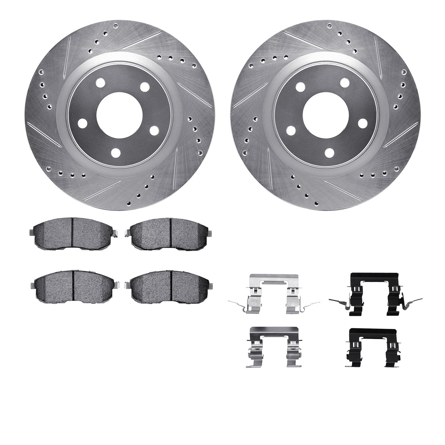 7612-67013 Drilled/Slotted Brake Rotors w/5000 Euro Ceramic Brake Pads Kit & Hardware [Silver], 2011-2019 Infiniti/Nissan, Posit