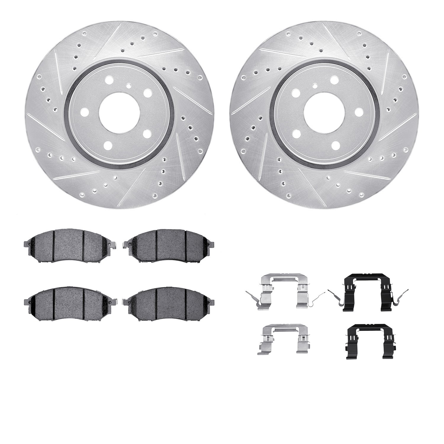 7612-68005 Drilled/Slotted Brake Rotors w/5000 Euro Ceramic Brake Pads Kit & Hardware [Silver], 2005-2014 Infiniti/Nissan, Posit
