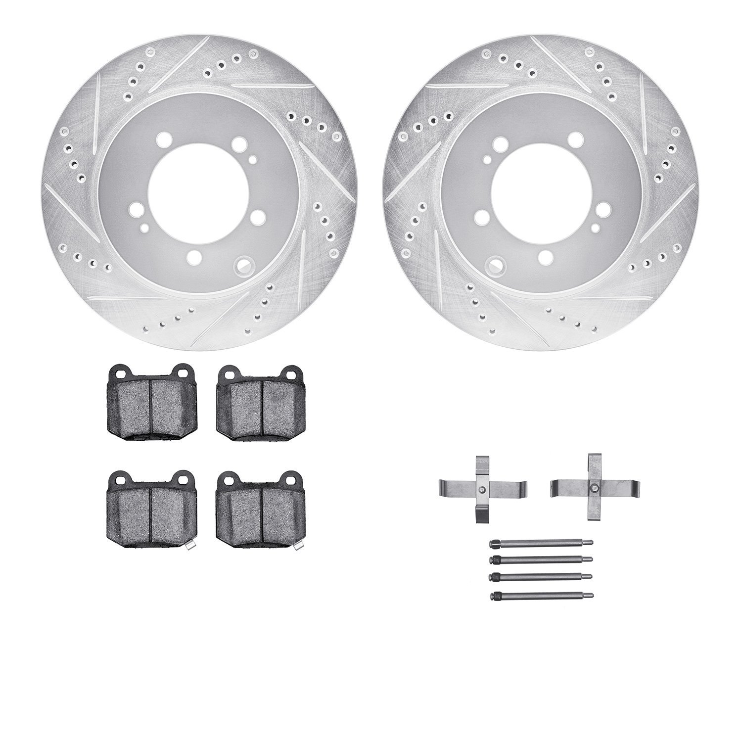 7612-72001 Drilled/Slotted Brake Rotors w/5000 Euro Ceramic Brake Pads Kit & Hardware [Silver], 2003-2006 Mitsubishi, Position: