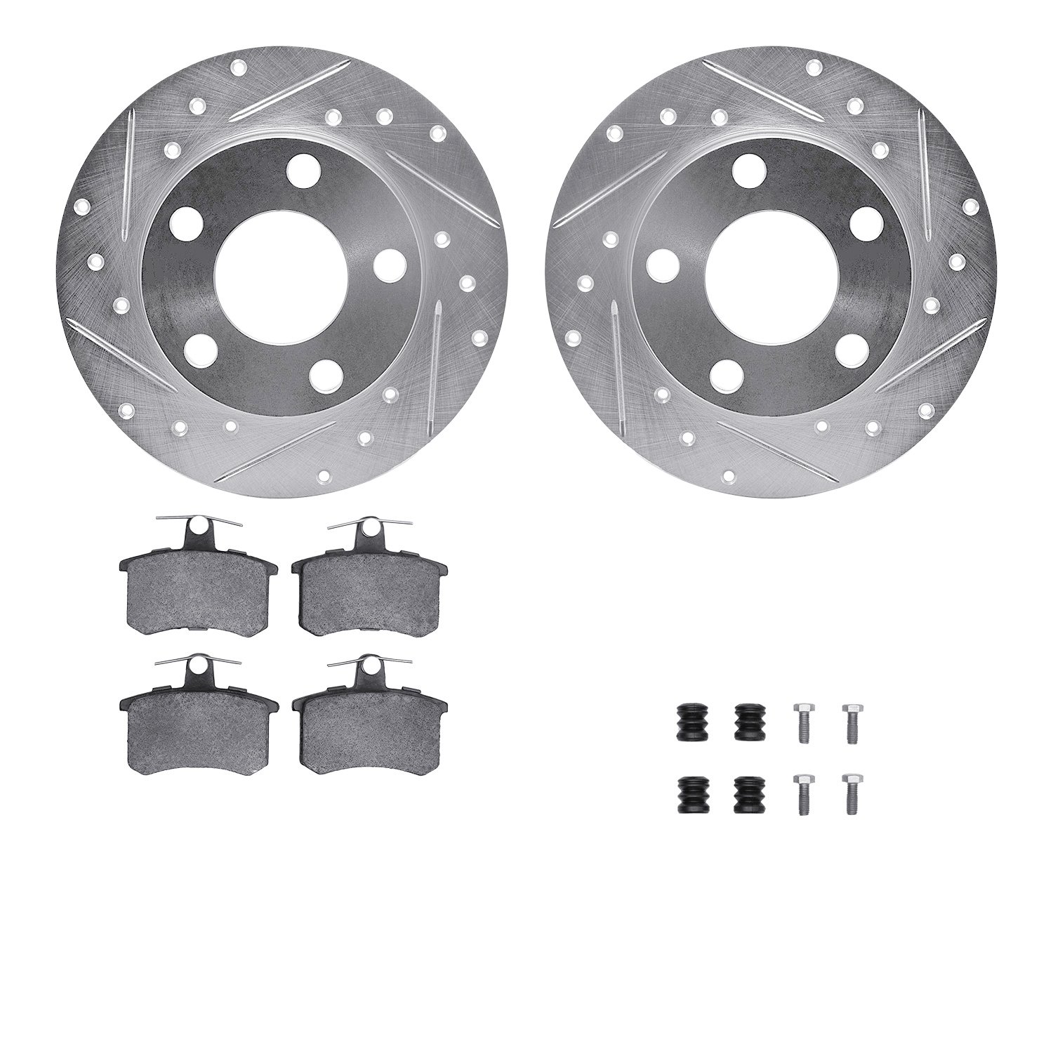 7612-73011 Drilled/Slotted Brake Rotors w/5000 Euro Ceramic Brake Pads Kit & Hardware [Silver], 1986-2000 Audi/Volkswagen, Posit