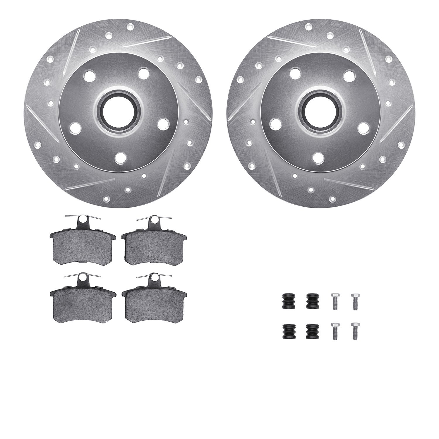 7612-73017 Drilled/Slotted Brake Rotors w/5000 Euro Ceramic Brake Pads Kit & Hardware [Silver], 1996-1997 Audi/Volkswagen, Posit