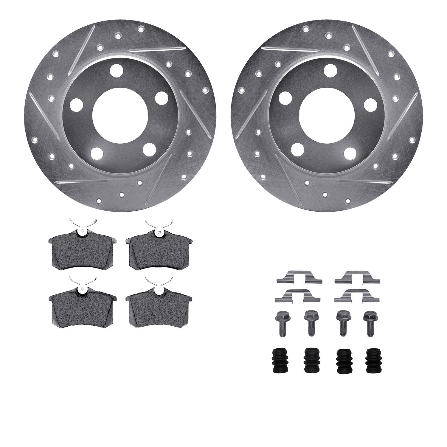 7612-73023 Drilled/Slotted Brake Rotors w/5000 Euro Ceramic Brake Pads Kit & Hardware [Silver], 1999-2002 Audi/Volkswagen, Posit