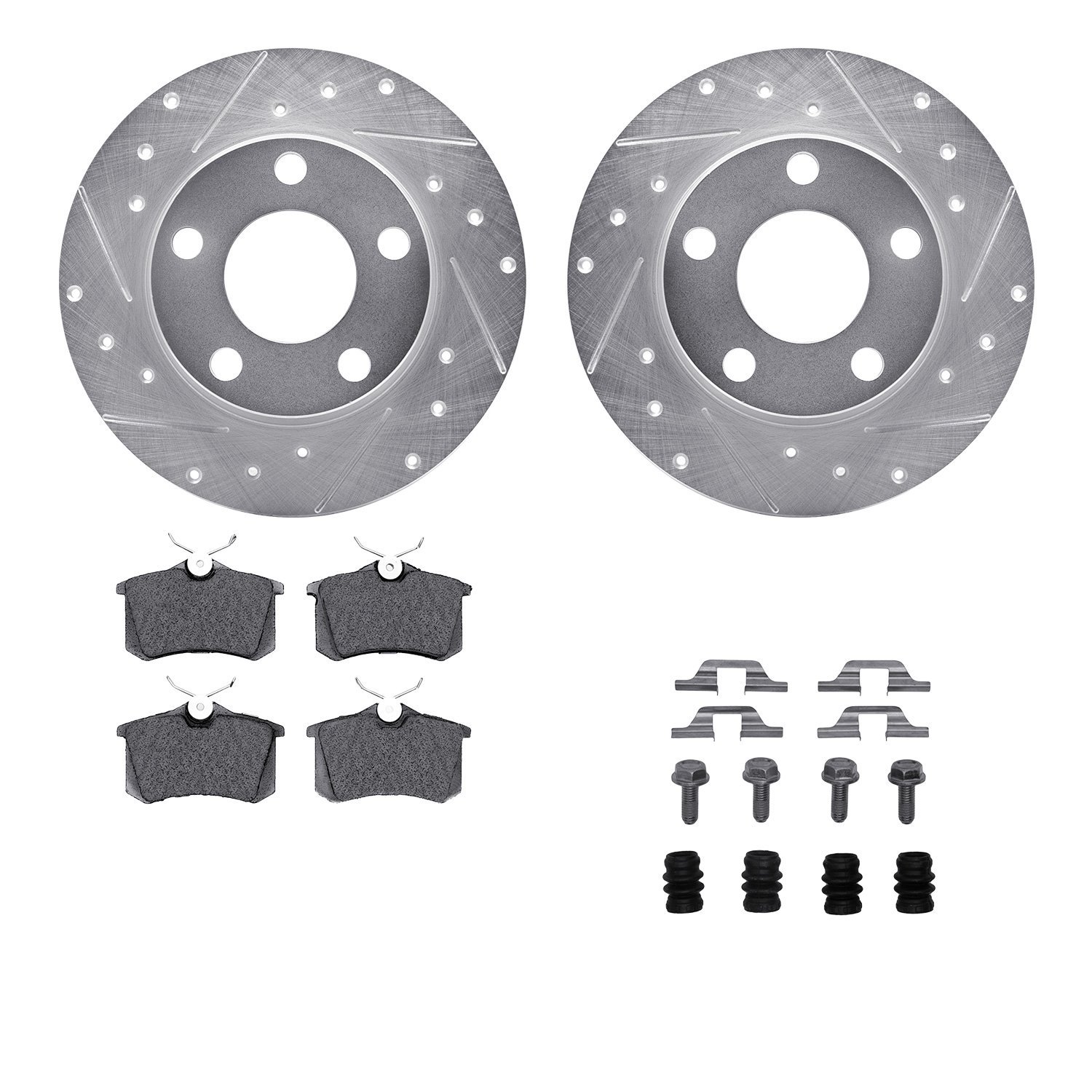 7612-73024 Drilled/Slotted Brake Rotors w/5000 Euro Ceramic Brake Pads Kit & Hardware [Silver], 1999-2005 Audi/Volkswagen, Posit