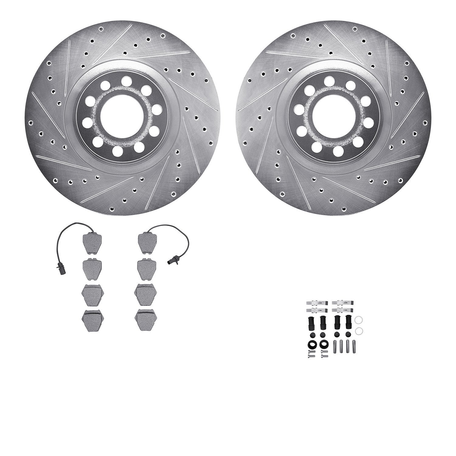 7612-73025 Drilled/Slotted Brake Rotors w/5000 Euro Ceramic Brake Pads Kit & Hardware [Silver], 1999-2004 Audi/Volkswagen, Posit