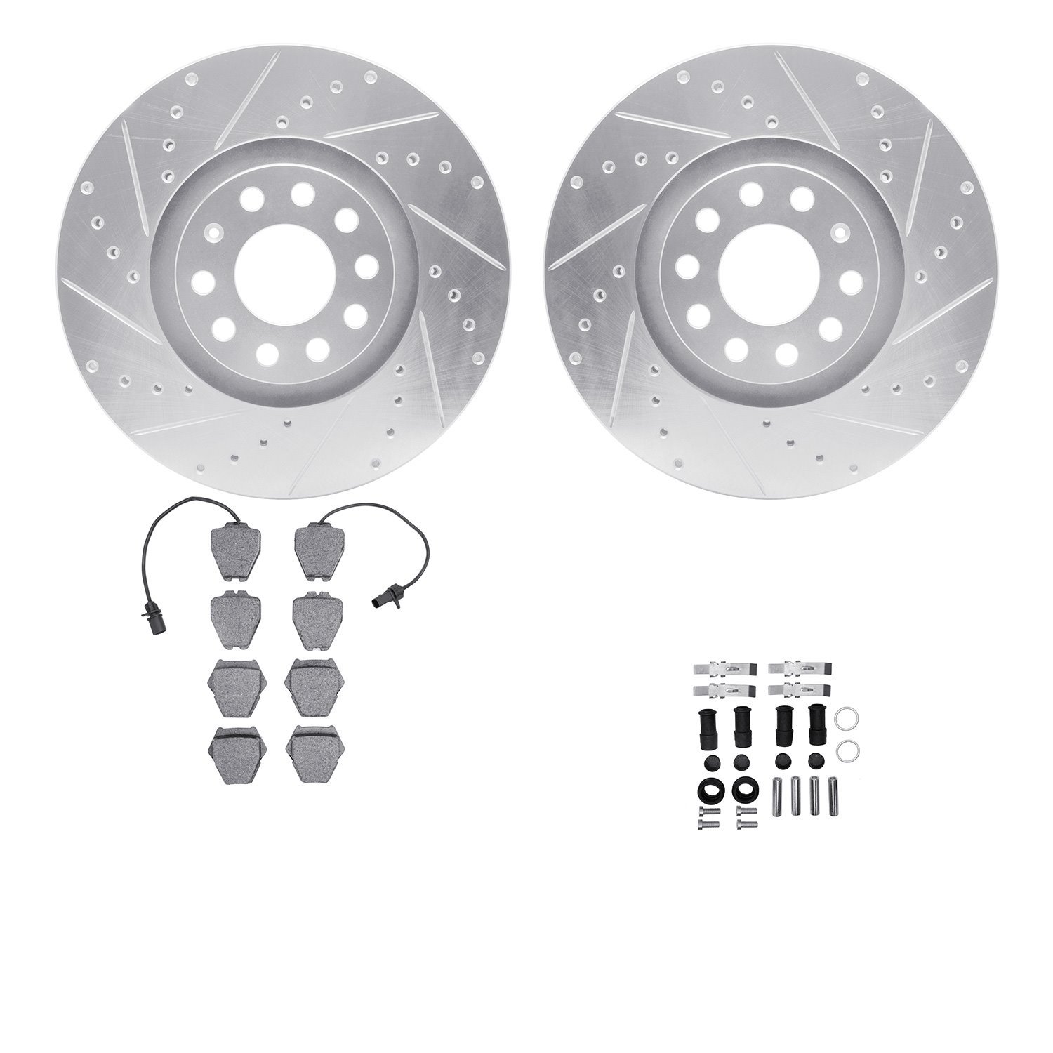 7612-73031 Drilled/Slotted Brake Rotors w/5000 Euro Ceramic Brake Pads Kit & Hardware [Silver], 1999-2005 Audi/Volkswagen, Posit