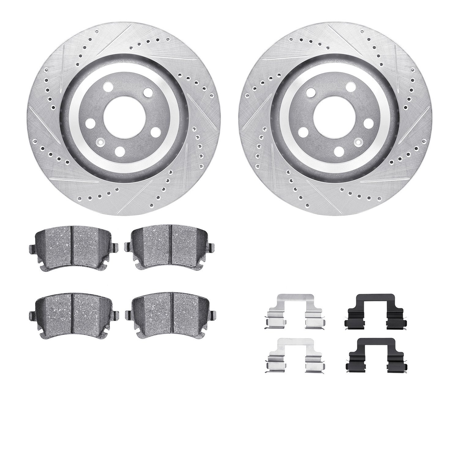 7612-73036 Drilled/Slotted Brake Rotors w/5000 Euro Ceramic Brake Pads Kit & Hardware [Silver], 2005-2011 Audi/Volkswagen, Posit