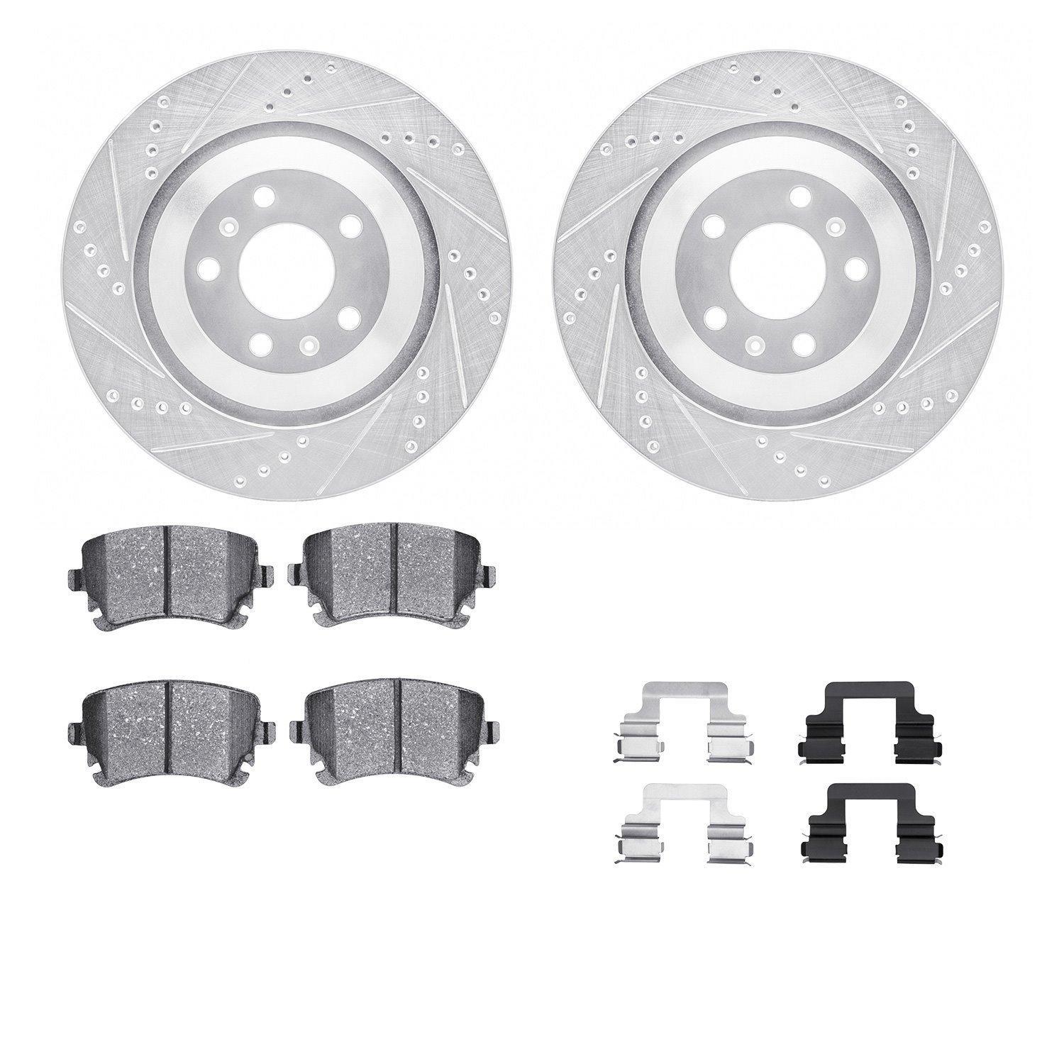 7612-73043 Drilled/Slotted Brake Rotors w/5000 Euro Ceramic Brake Pads Kit & Hardware [Silver], 2004-2018 Multiple Makes/Models,