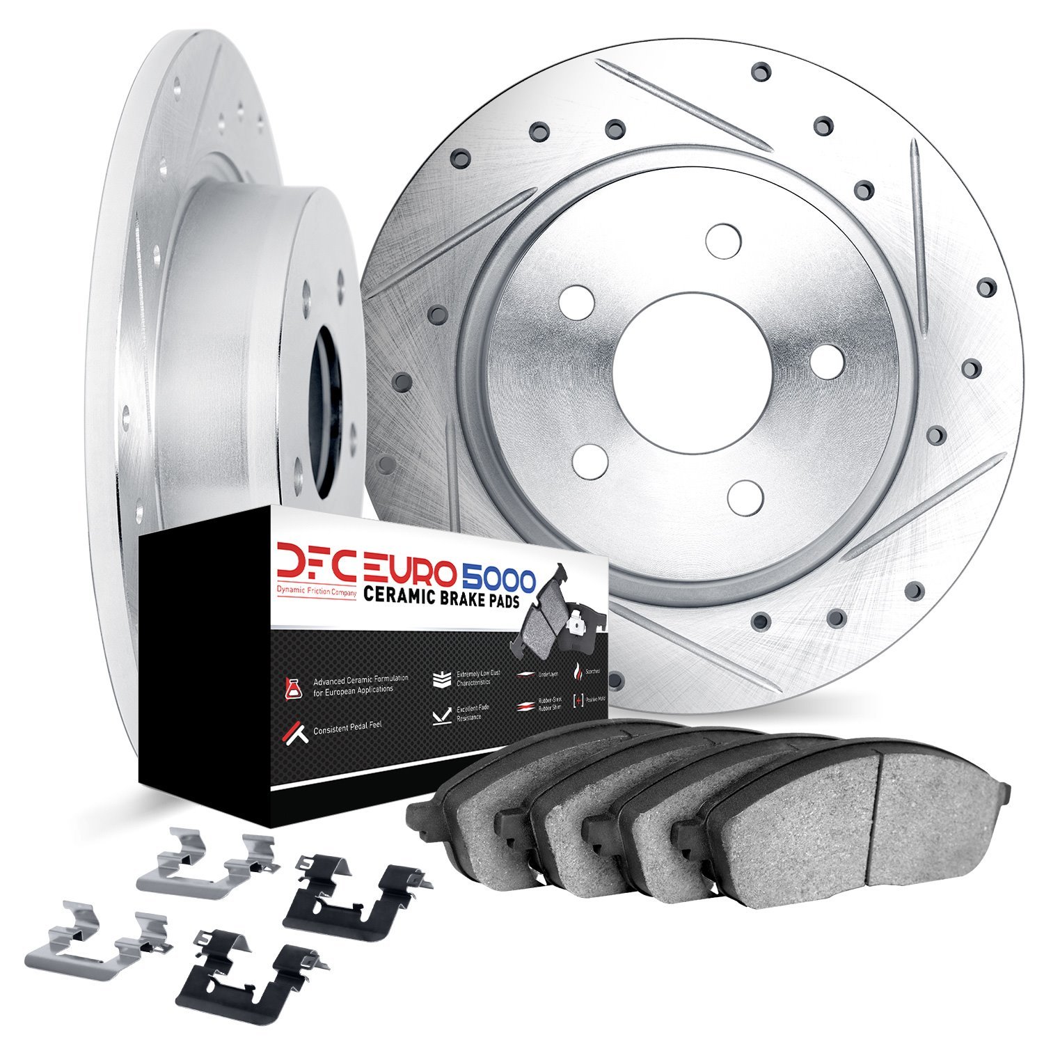 7612-73061 Drilled/Slotted Brake Rotors w/5000 Euro Ceramic Brake Pads Kit & Hardware [Silver], Fits Select Audi/Volkswagen, Pos