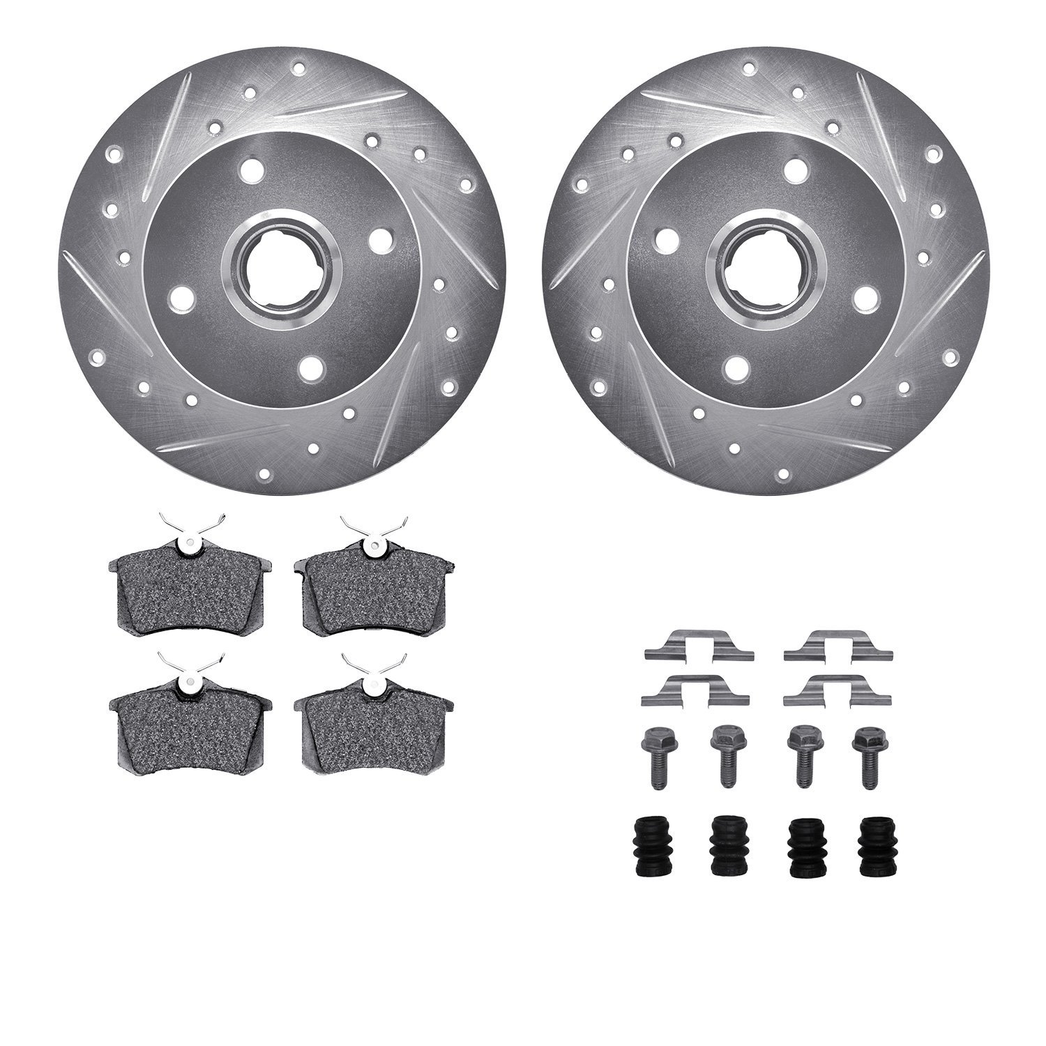 7612-74004 Drilled/Slotted Brake Rotors w/5000 Euro Ceramic Brake Pads Kit & Hardware [Silver], 1999-1999 Audi/Volkswagen, Posit