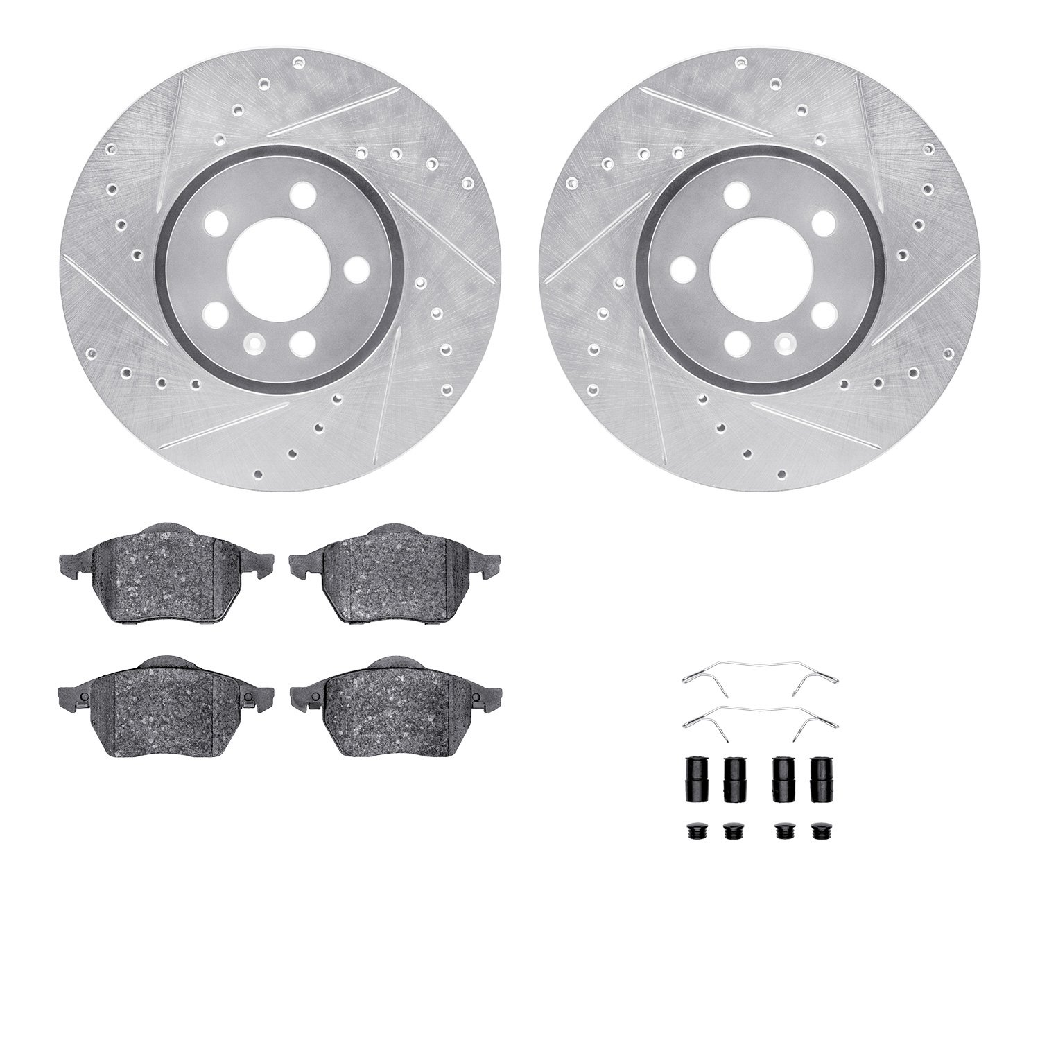 7612-74017 Drilled/Slotted Brake Rotors w/5000 Euro Ceramic Brake Pads Kit & Hardware [Silver], 1996-1998 Audi/Volkswagen, Posit