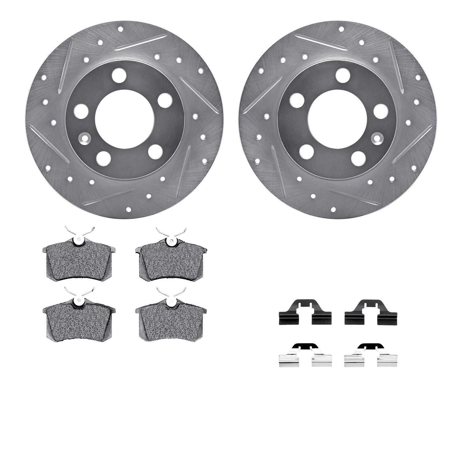 7612-74021 Drilled/Slotted Brake Rotors w/5000 Euro Ceramic Brake Pads Kit & Hardware [Silver], 1999-2015 Audi/Volkswagen, Posit