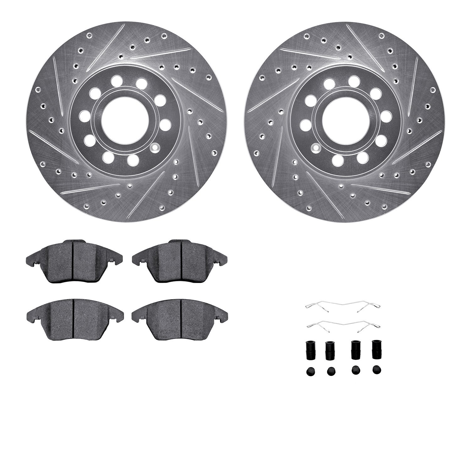 7612-74033 Drilled/Slotted Brake Rotors w/5000 Euro Ceramic Brake Pads Kit & Hardware [Silver], 2011-2019 Audi/Volkswagen, Posit