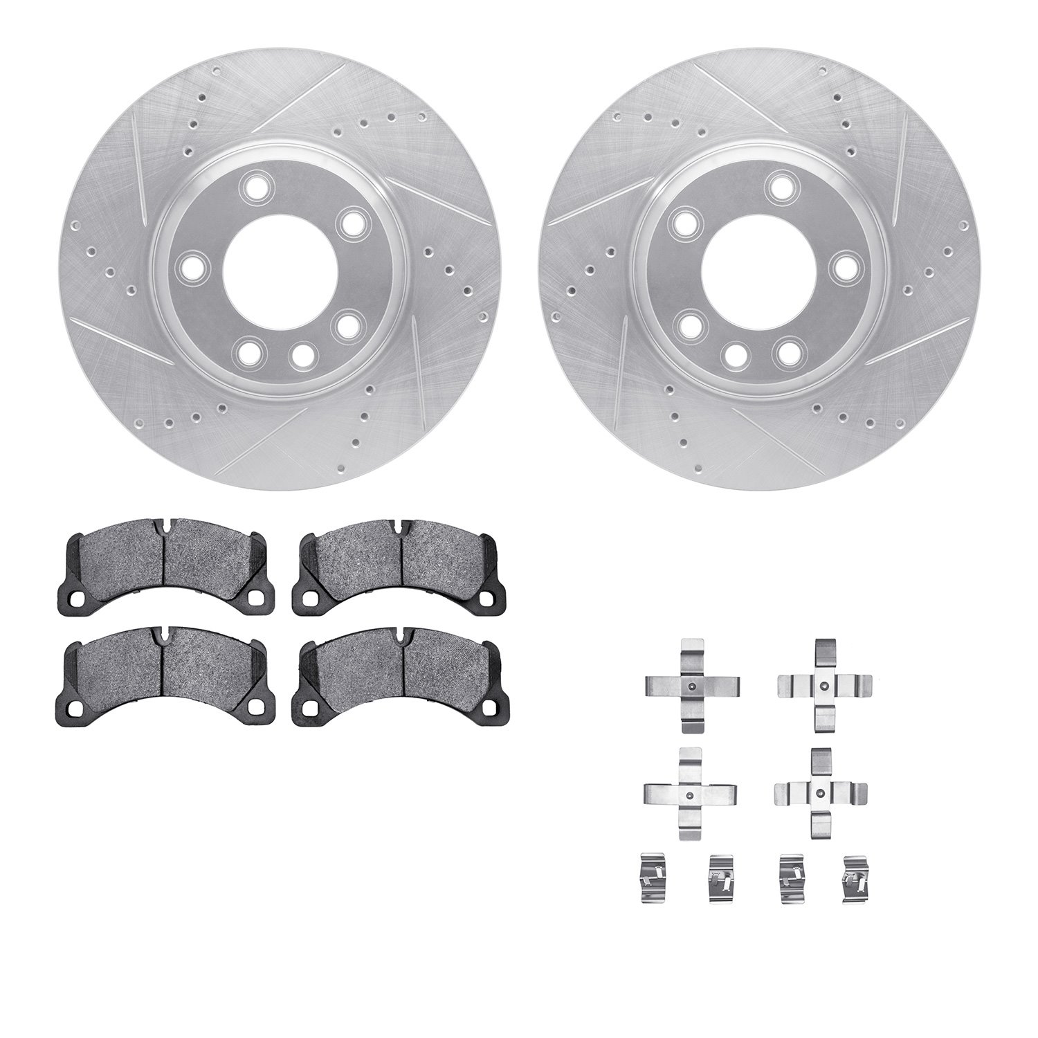 7612-74051 Drilled/Slotted Brake Rotors w/5000 Euro Ceramic Brake Pads Kit & Hardware [Silver], 2011-2014 Porsche, Position: Fro