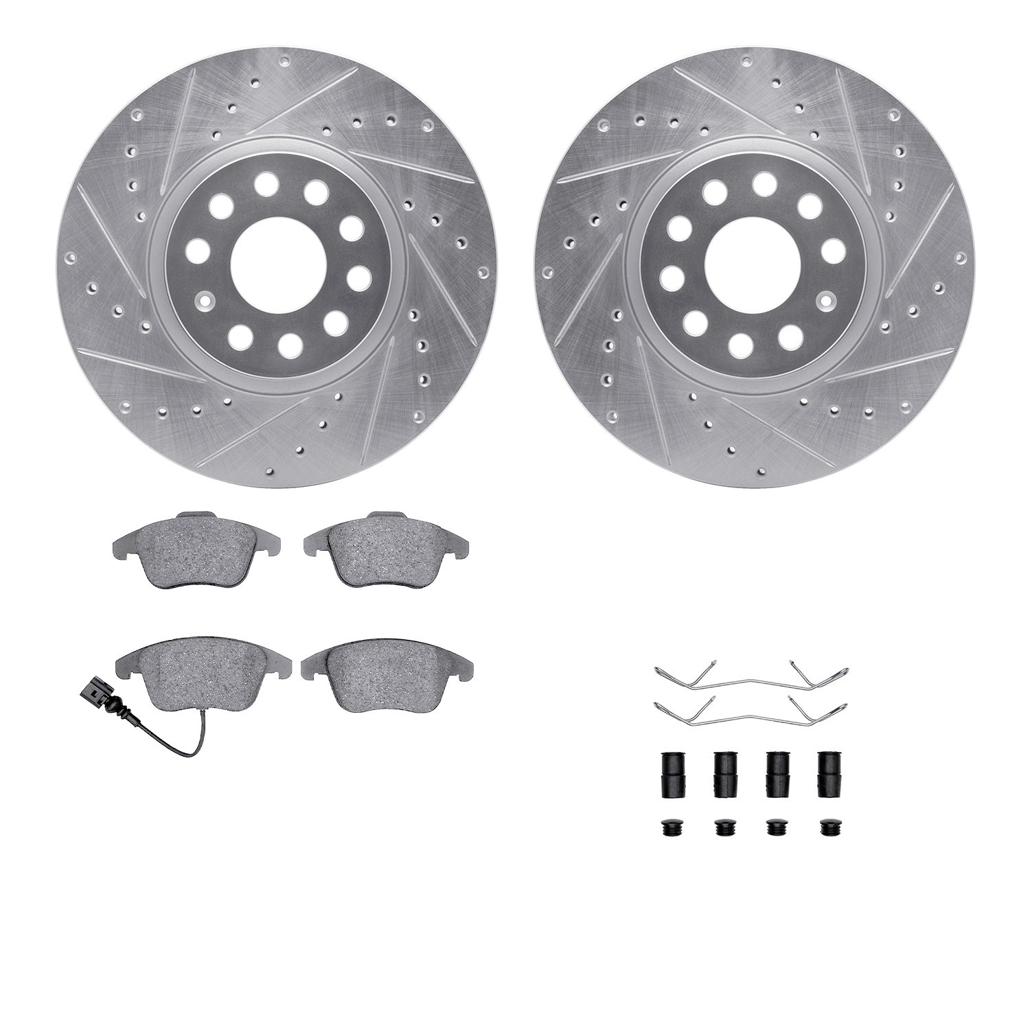 7612-74055 Drilled/Slotted Brake Rotors w/5000 Euro Ceramic Brake Pads Kit & Hardware [Silver], 2009-2020 Audi/Volkswagen, Posit