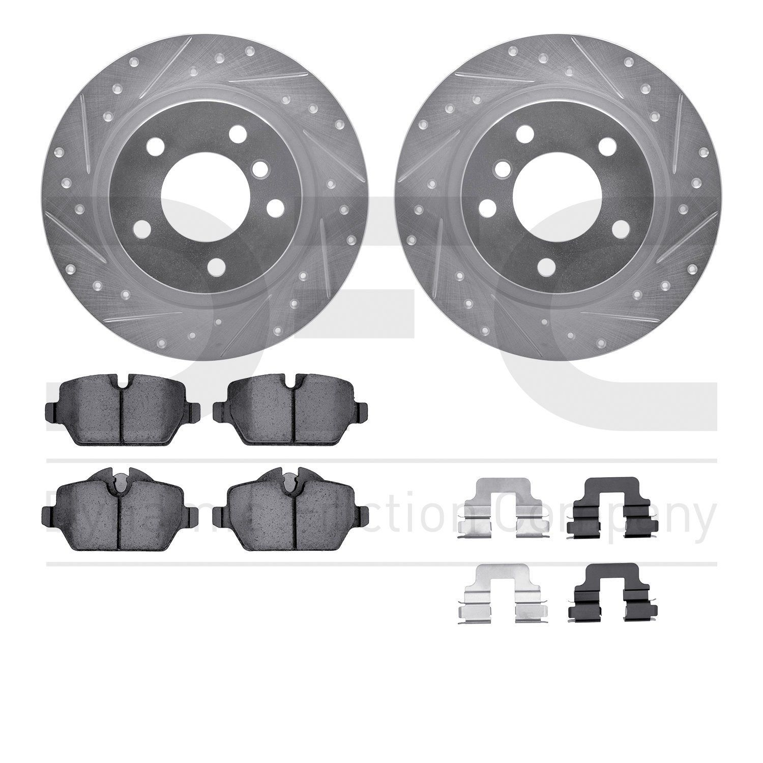 7612-92001 Drilled/Slotted Brake Rotors w/5000 Euro Ceramic Brake Pads Kit & Hardware [Silver], 2005-2012 BMW, Position: Rear