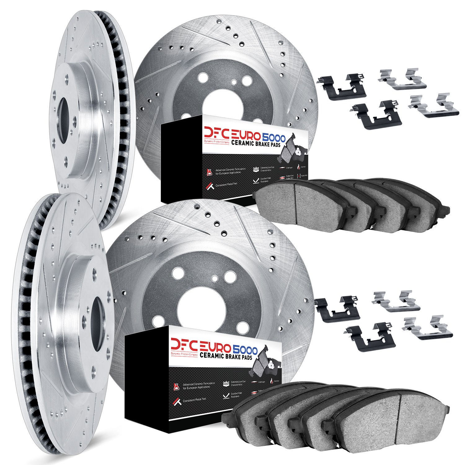 7614-02003 Drilled/Slotted Brake Rotors w/5000 Euro Ceramic Brake Pads Kit & Hardware [Silver], 1997-2004 Porsche, Position: Fro