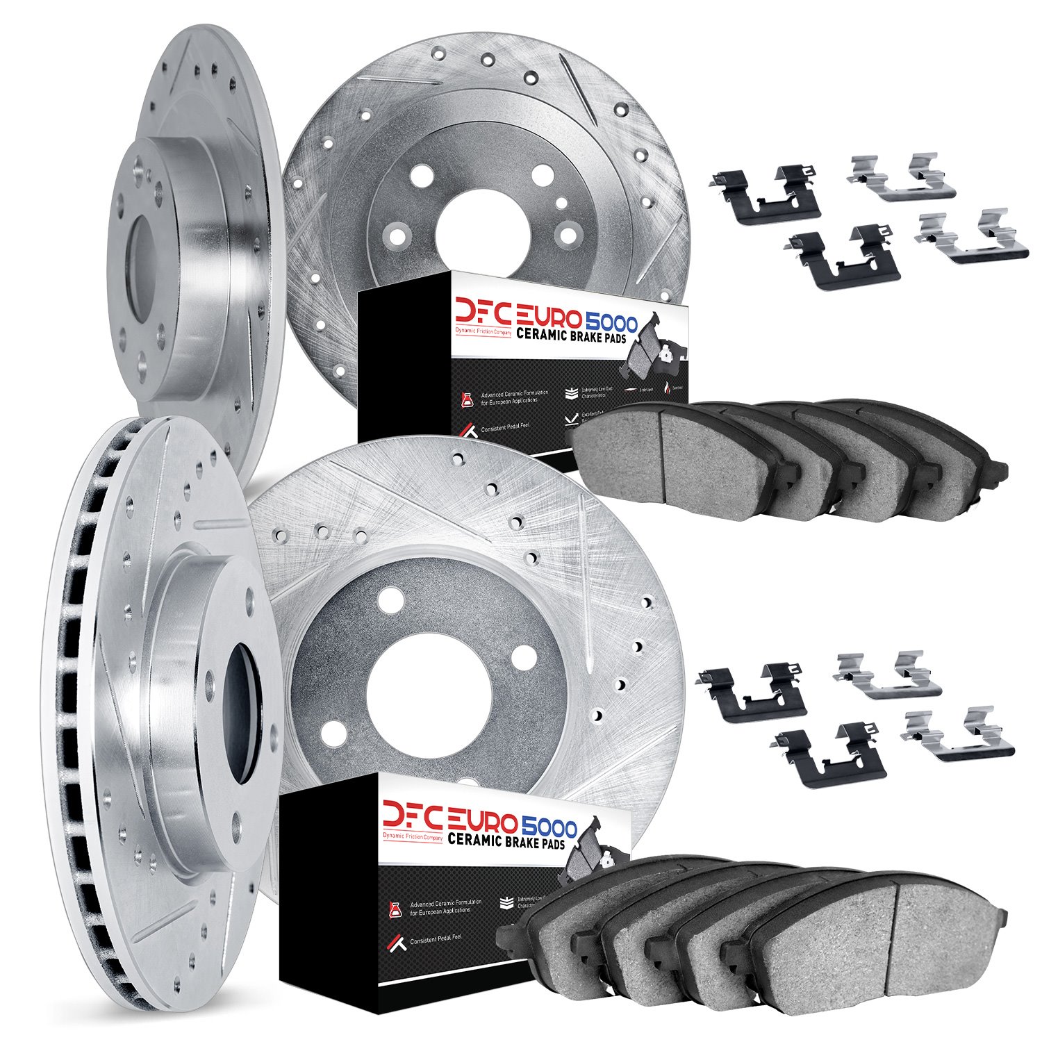 7614-07000 Drilled/Slotted Brake Rotors w/5000 Euro Ceramic Brake Pads Kit & Hardware [Silver], 2012-2019 Mopar, Position: Front