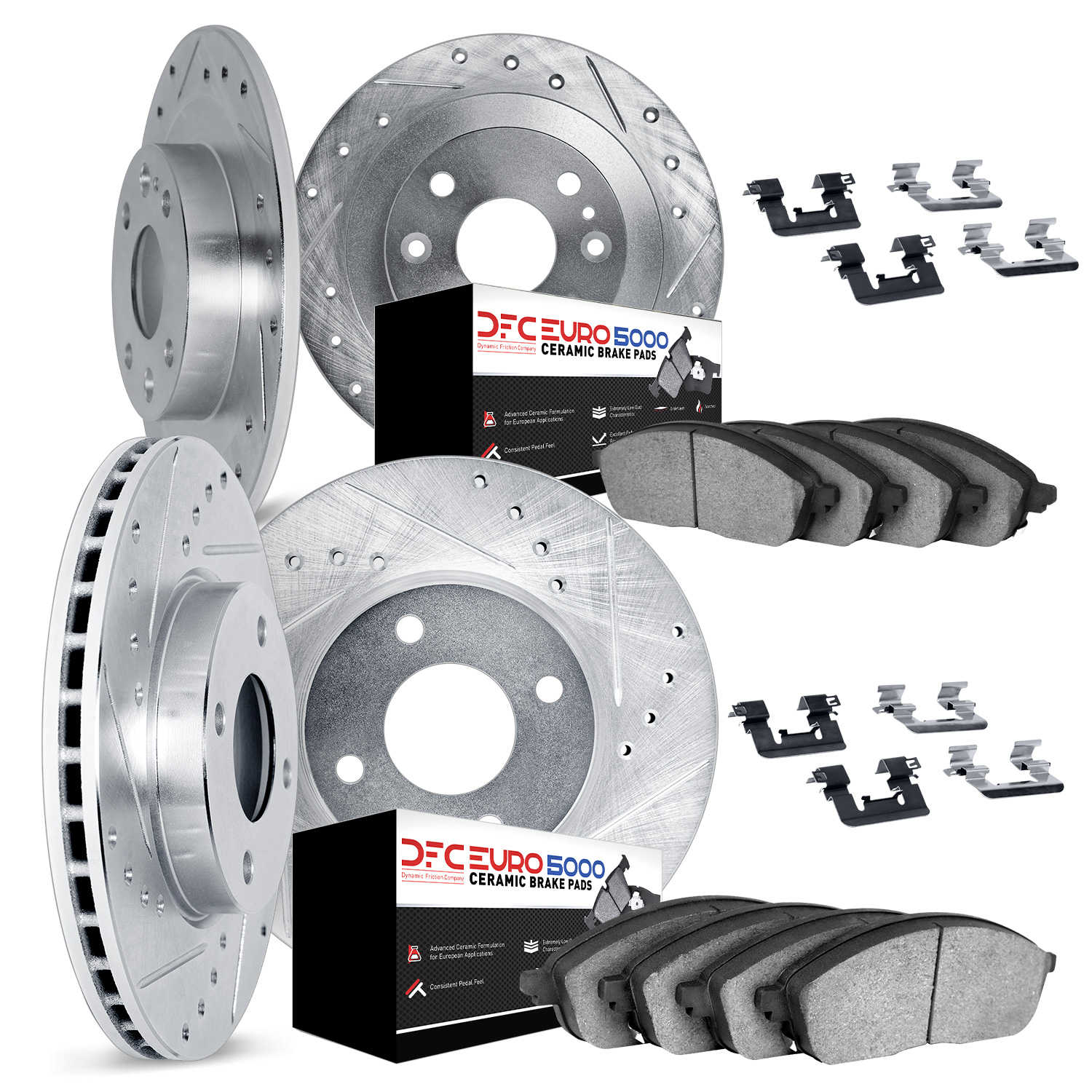 7614-07001 Drilled/Slotted Brake Rotors w/5000 Euro Ceramic Brake Pads Kit & Hardware [Silver], 2013-2019 Mopar, Position: Front