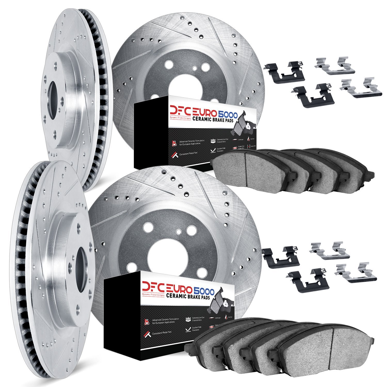 7614-11003 Drilled/Slotted Brake Rotors w/5000 Euro Ceramic Brake Pads Kit & Hardware [Silver], 2005-2007 Land Rover, Position: