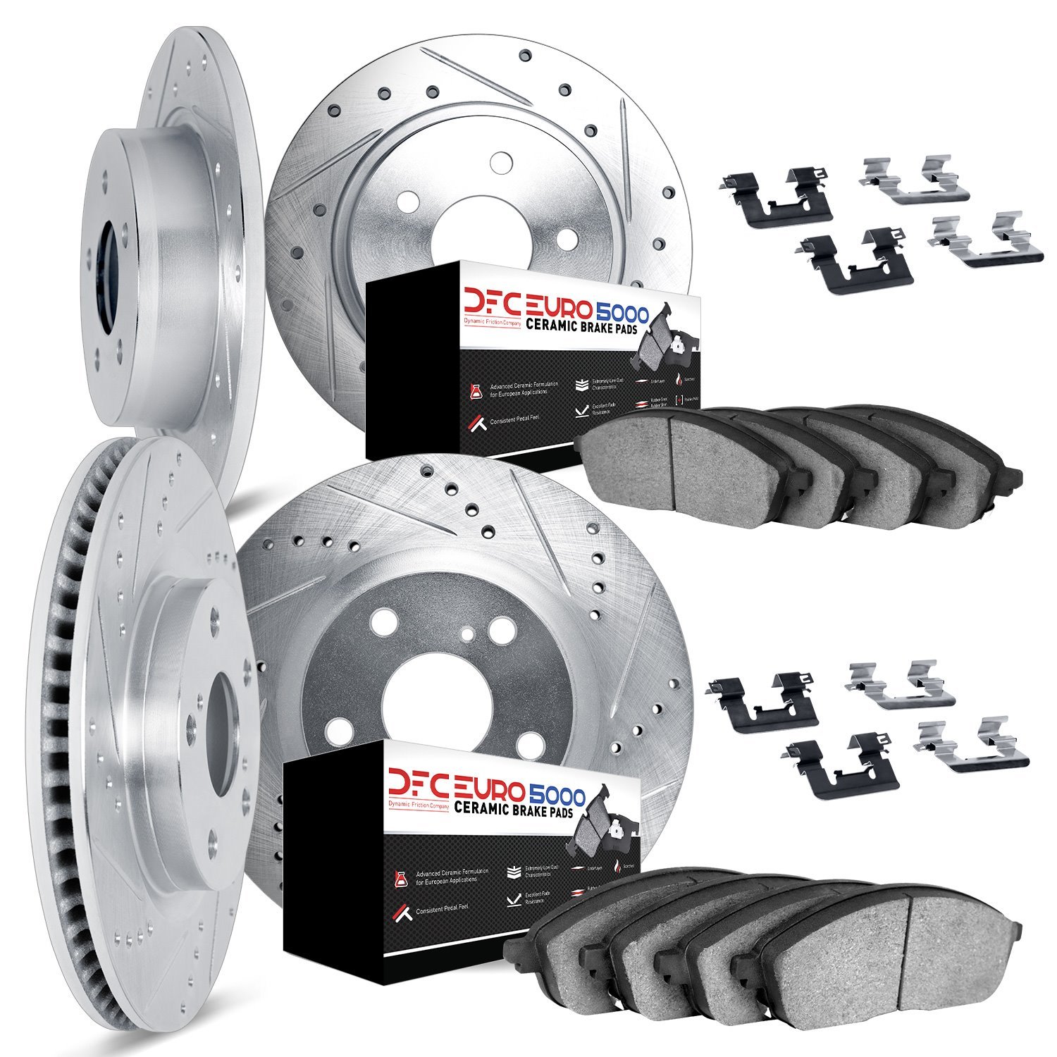 7614-27004 Drilled/Slotted Brake Rotors w/5000 Euro Ceramic Brake Pads Kit & Hardware [Silver], 1976-1993 Volvo, Position: Front