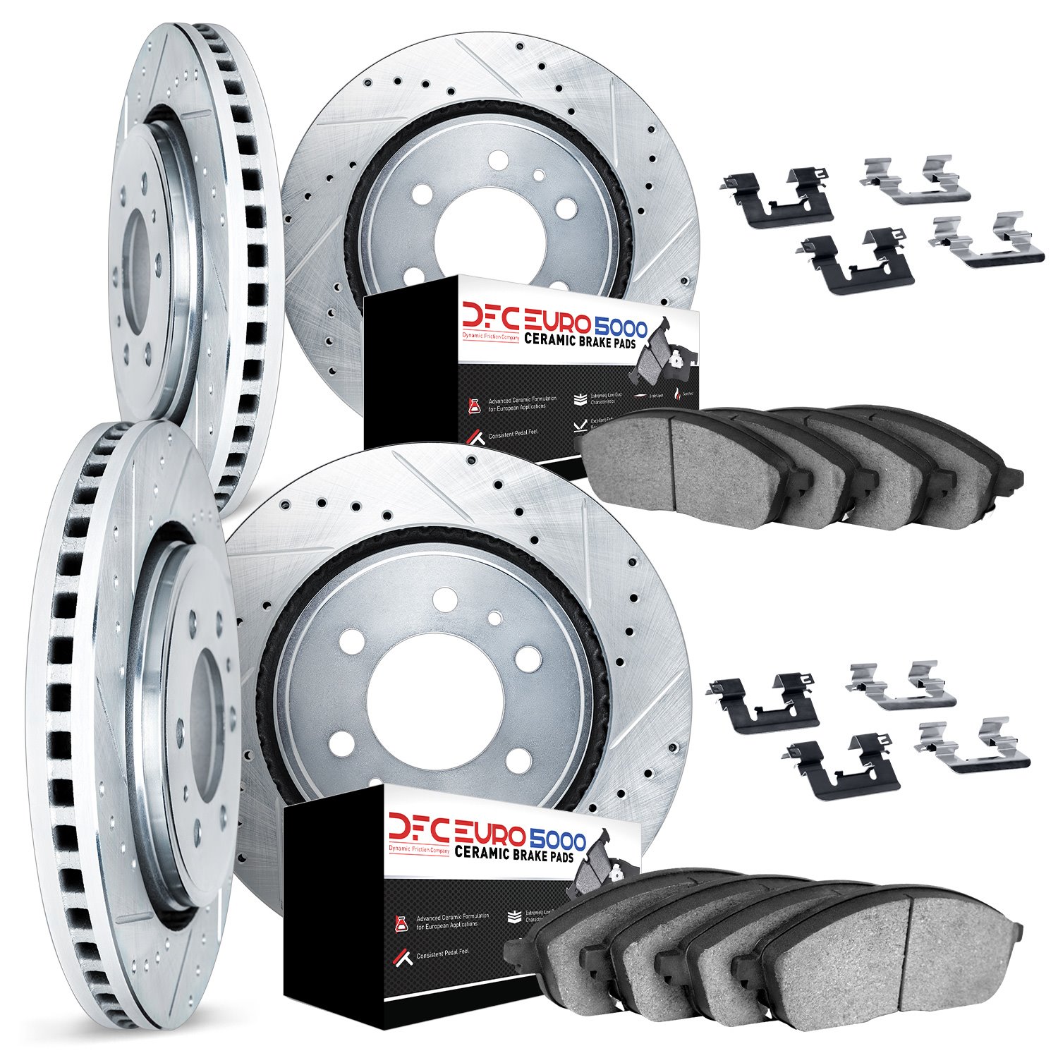 7614-46003 Drilled/Slotted Brake Rotors w/5000 Euro Ceramic Brake Pads Kit & Hardware [Silver], 2004-2009 GM, Position: Front an