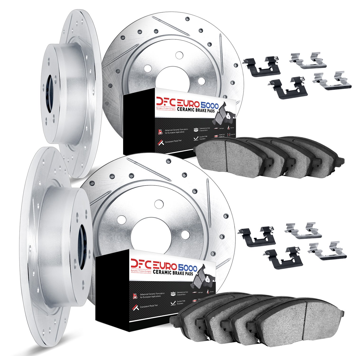 7614-63005 Drilled/Slotted Brake Rotors w/5000 Euro Ceramic Brake Pads Kit & Hardware [Silver], 1968-1971 Mercedes-Benz, Positio