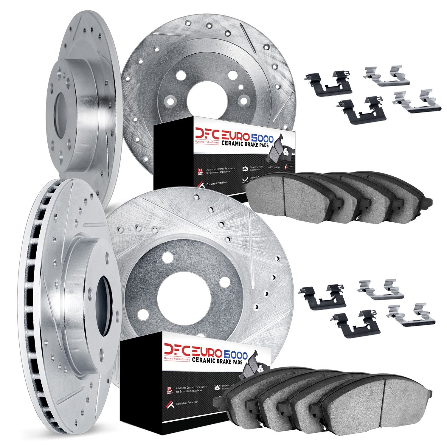 7614-65000 Drilled/Slotted Brake Rotors w/5000 Euro Ceramic Brake Pads Kit & Hardware [Silver], 1988-1998 GM, Position: Front an