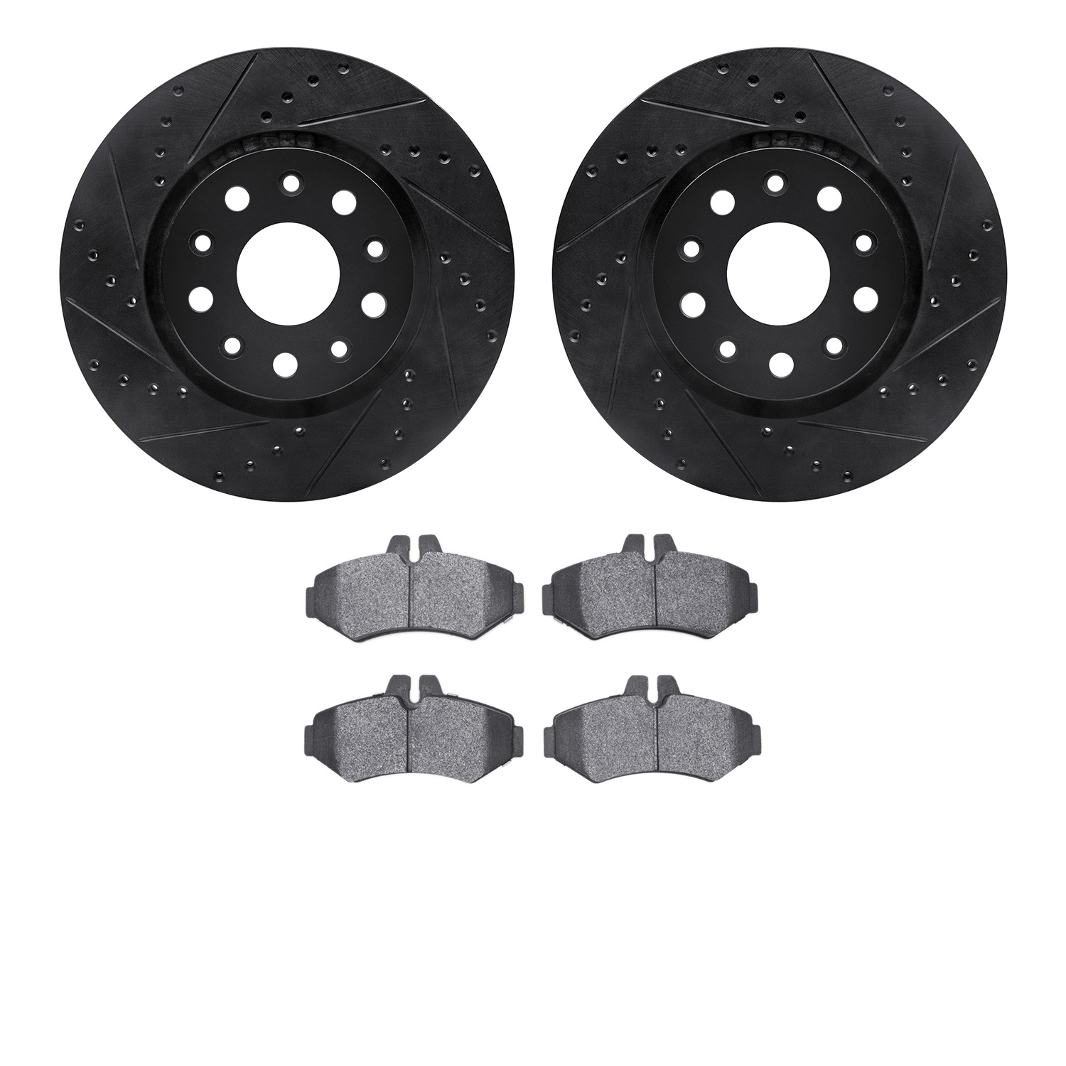 8202-40044 Drilled/Slotted Rotors w/Heavy-Duty Brake Pads Kit [Silver], 2002-2018 Multiple Makes/Models, Position: Rear