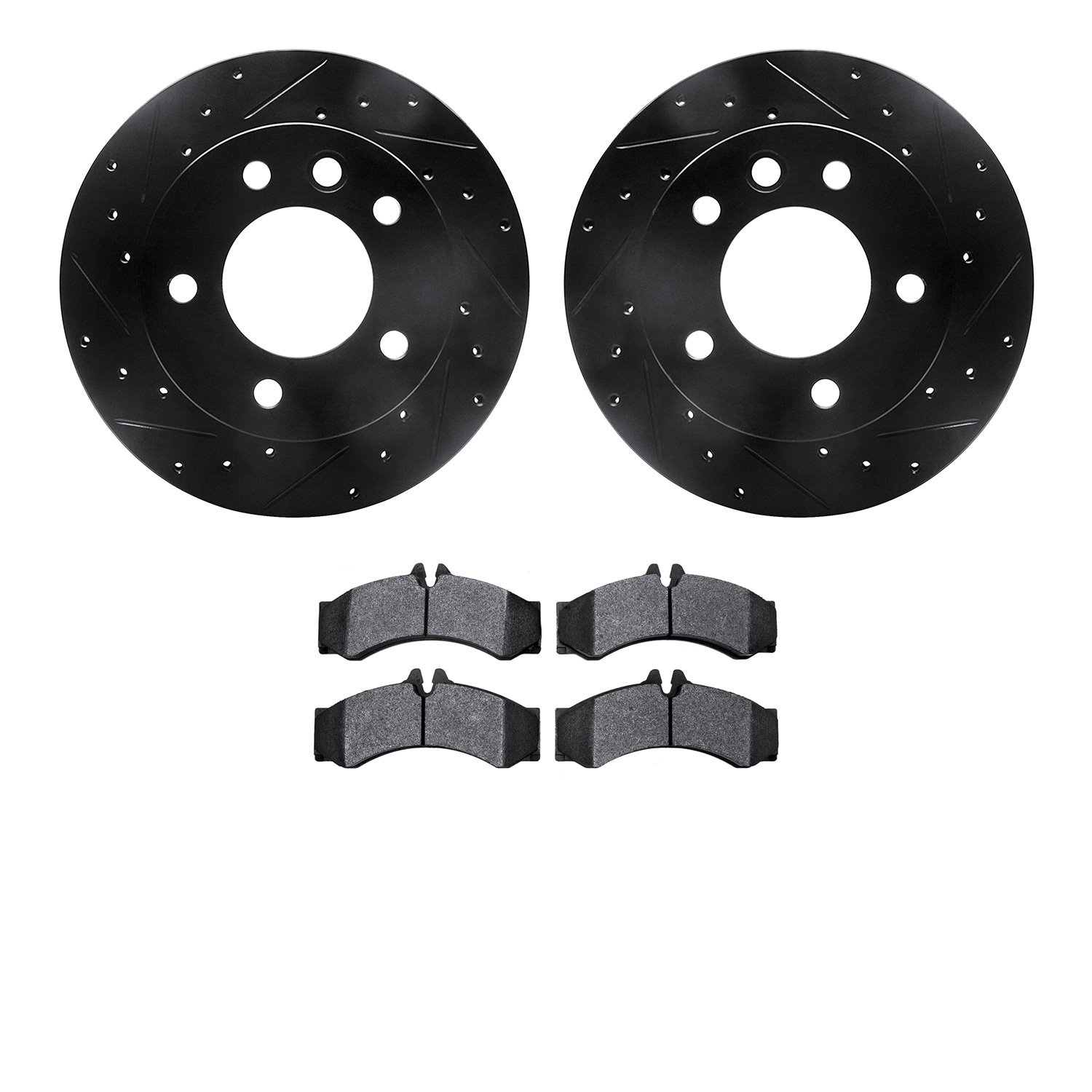 8202-40057 Drilled/Slotted Rotors w/Heavy-Duty Brake Pads Kit [Silver], 2002-2006 Multiple Makes/Models, Position: Front