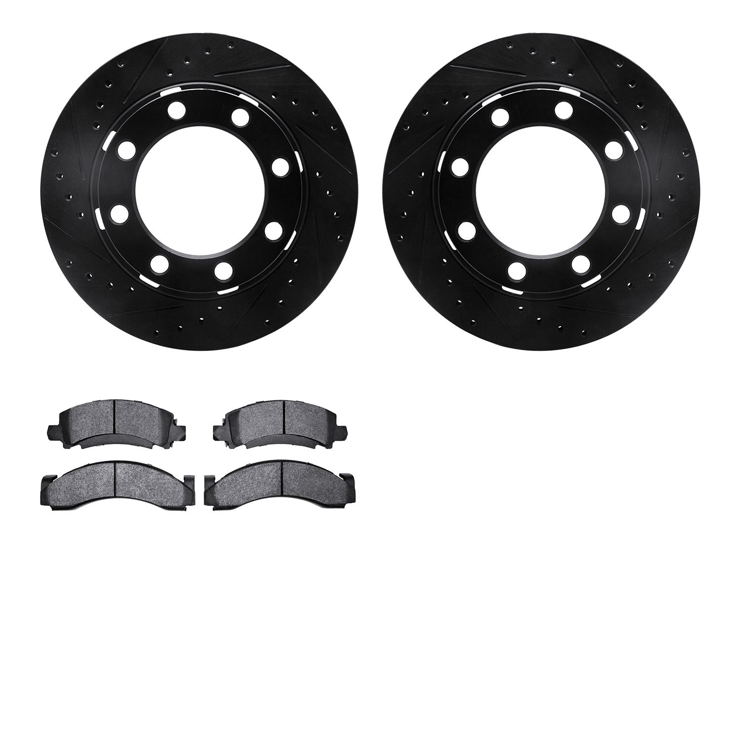 8202-40074 Drilled/Slotted Rotors w/Heavy-Duty Brake Pads Kit [Silver], 1975-1993 Mopar, Position: Front