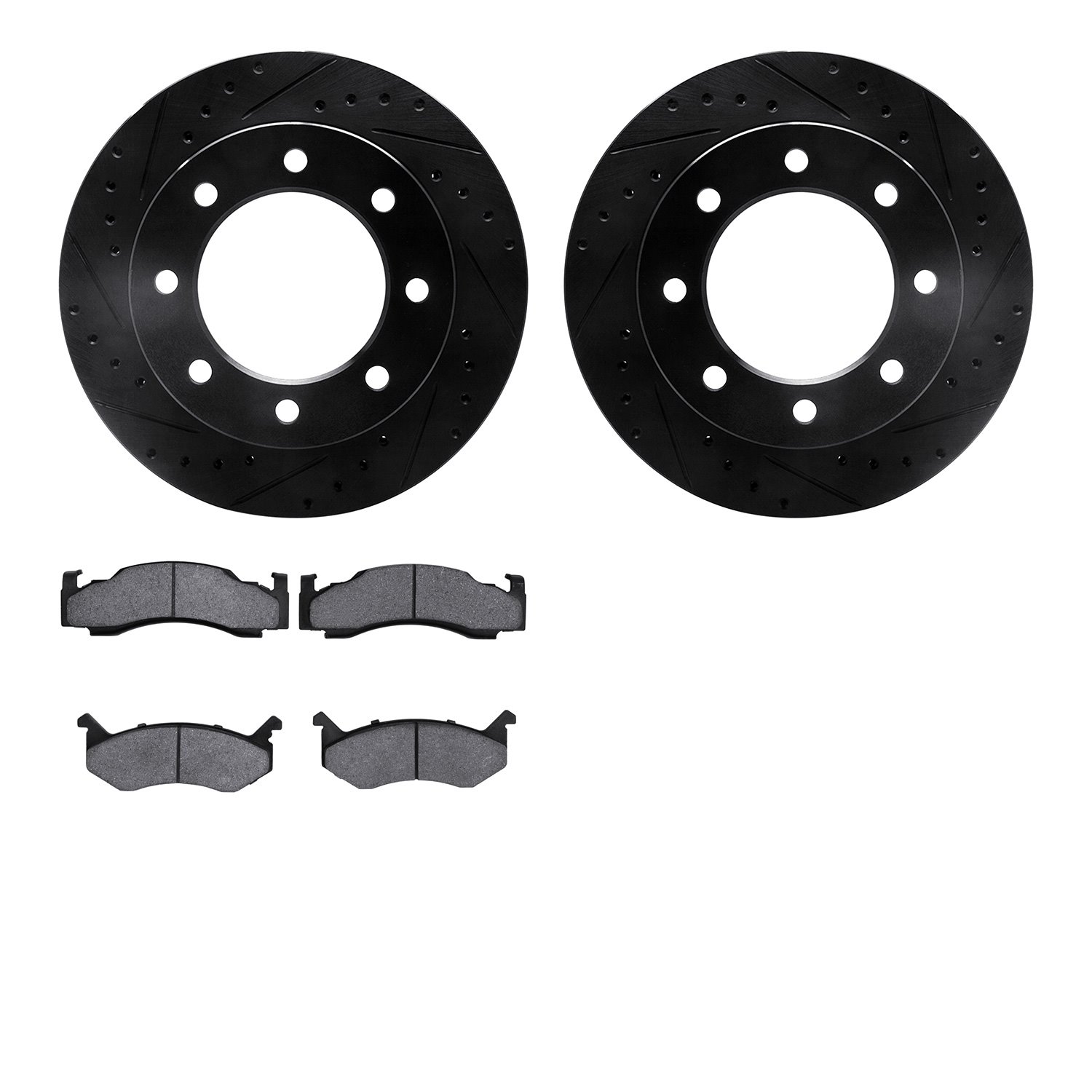 8202-40081 Drilled/Slotted Rotors w/Heavy-Duty Brake Pads Kit [Silver], 1973-1993 Mopar, Position: Front