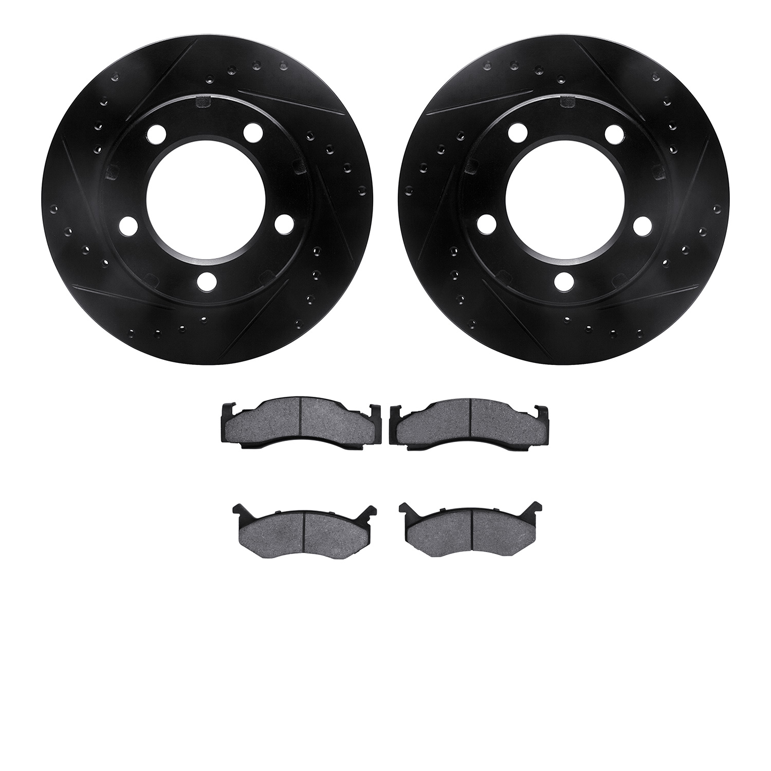 8202-40083 Drilled/Slotted Rotors w/Heavy-Duty Brake Pads Kit [Silver], 1980-1993 Mopar, Position: Front