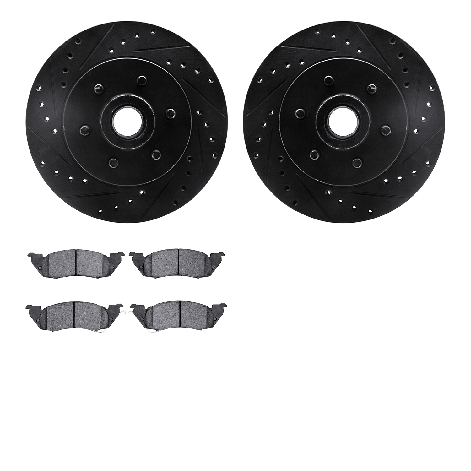 8202-40086 Drilled/Slotted Rotors w/Heavy-Duty Brake Pads Kit [Silver], 1991-1996 Mopar, Position: Front