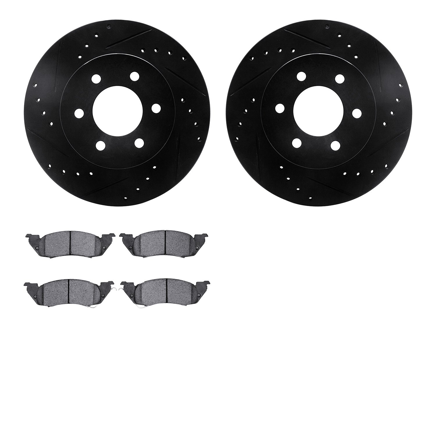 8202-40087 Drilled/Slotted Rotors w/Heavy-Duty Brake Pads Kit [Silver], 1991-1996 Mopar, Position: Front