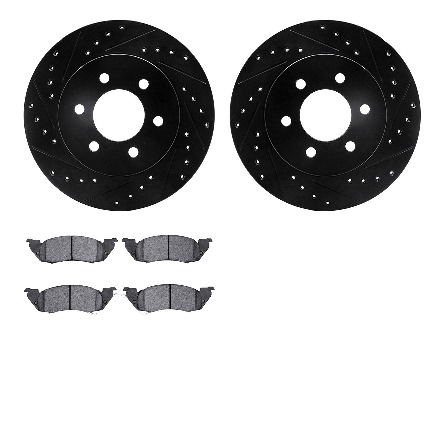 8202-40108 Drilled/Slotted Rotors w/Heavy-Duty Brake Pads Kit [Silver], 1997-1998 Mopar, Position: Front