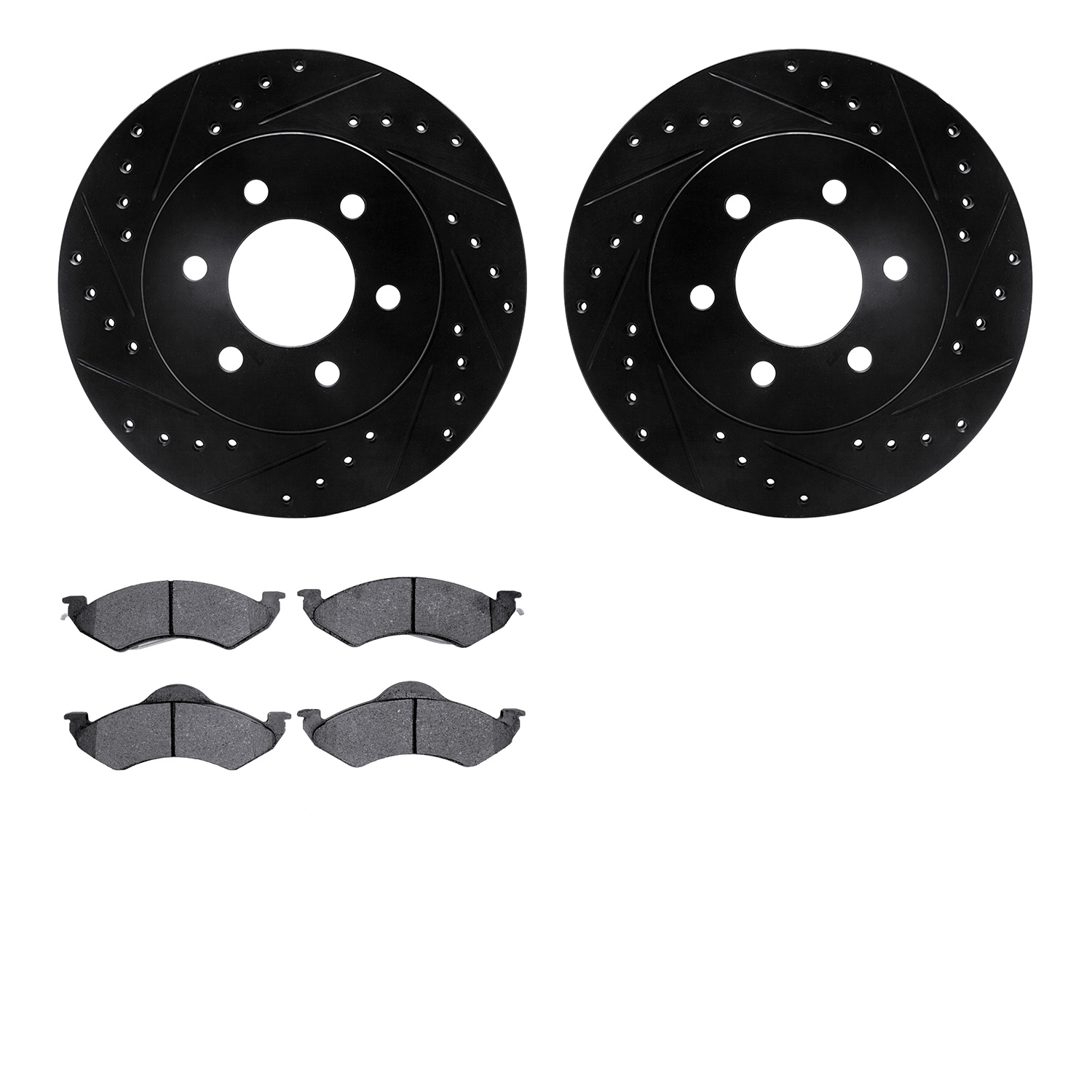 8202-40109 Drilled/Slotted Rotors w/Heavy-Duty Brake Pads Kit [Silver], 1998-1999 Mopar, Position: Front