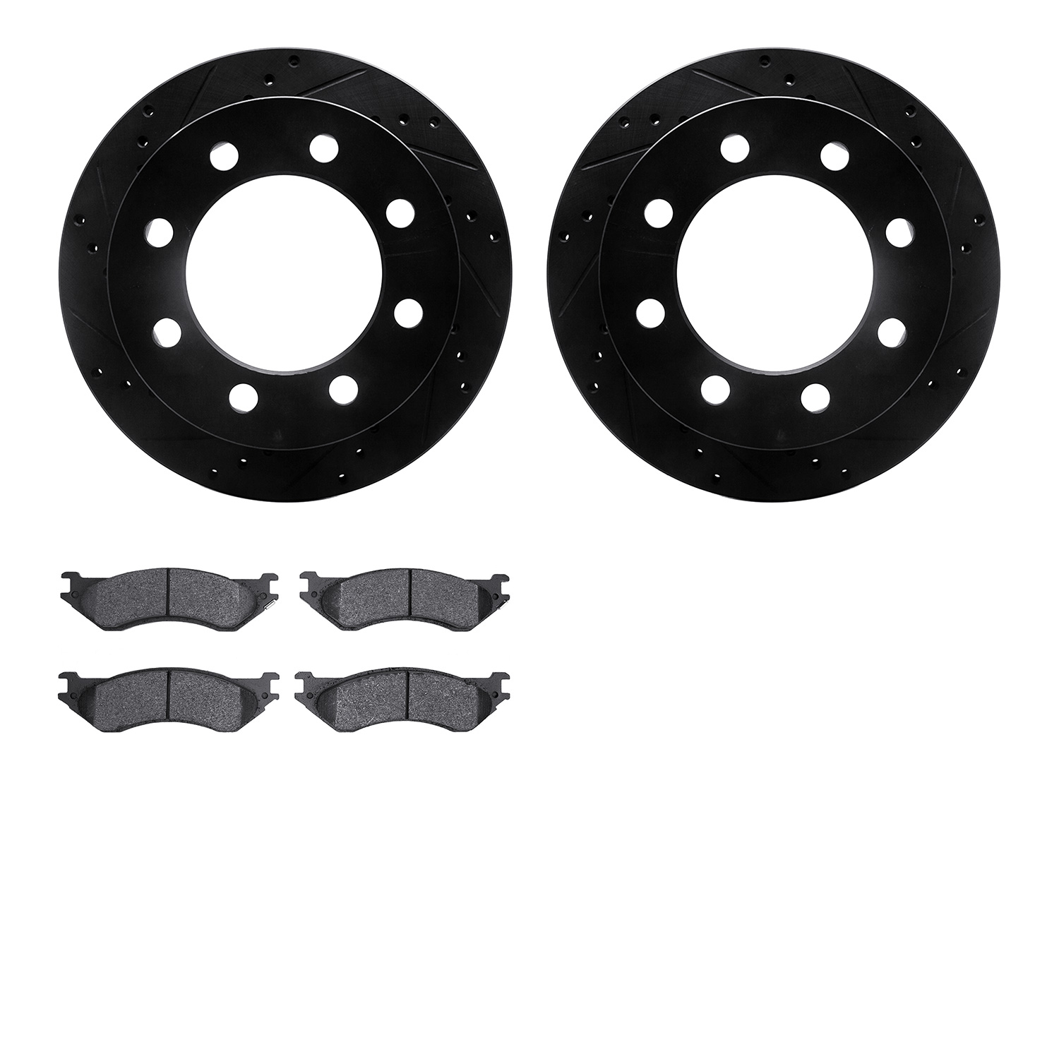 8202-40121 Drilled/Slotted Rotors w/Heavy-Duty Brake Pads Kit [Silver], 2000-2002 Mopar, Position: Rear