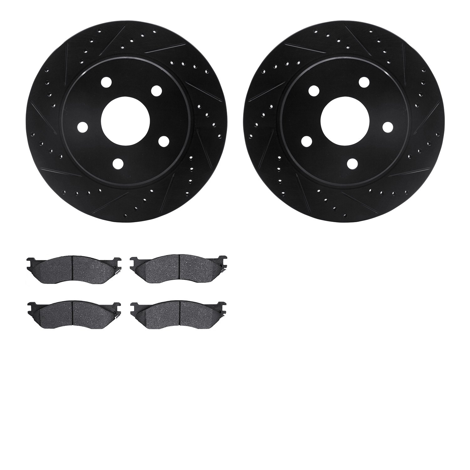 8202-40122 Drilled/Slotted Rotors w/Heavy-Duty Brake Pads Kit [Silver], 2002-2006 Mopar, Position: Front