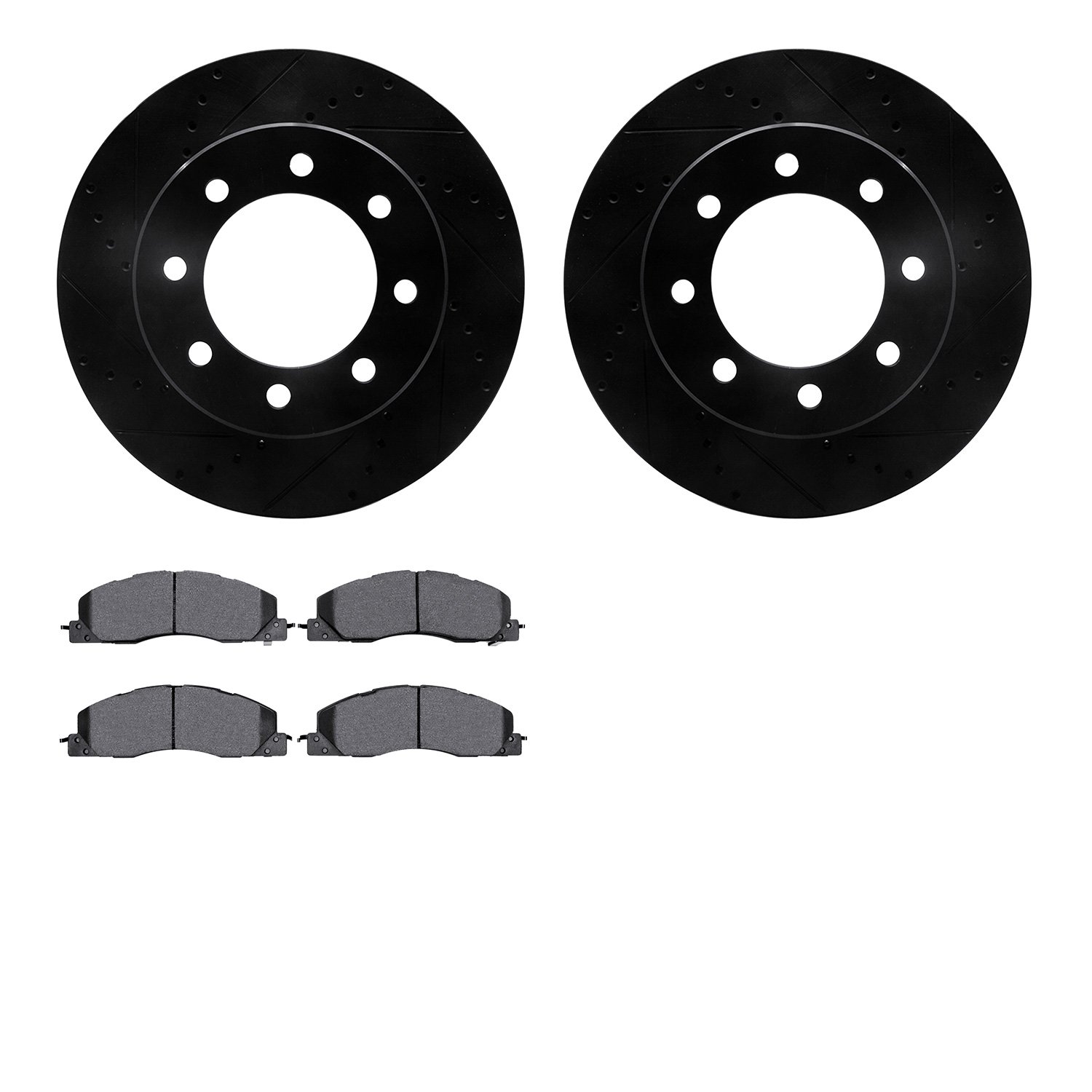 8202-40142 Drilled/Slotted Rotors w/Heavy-Duty Brake Pads Kit [Silver], 2009-2018 Mopar, Position: Front