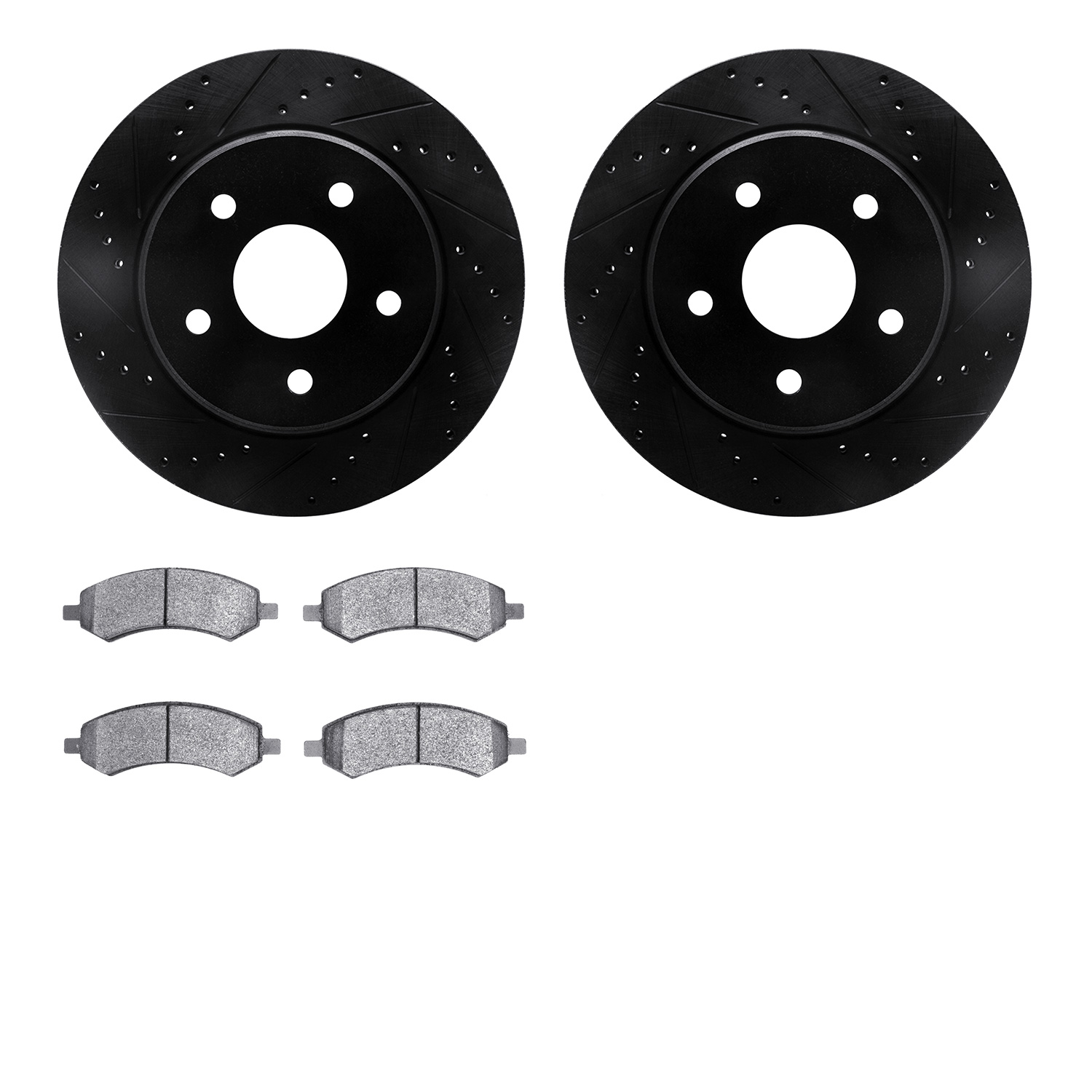 8202-42017 Drilled/Slotted Rotors w/Heavy-Duty Brake Pads Kit [Silver], 2008-2012 Mopar, Position: Front